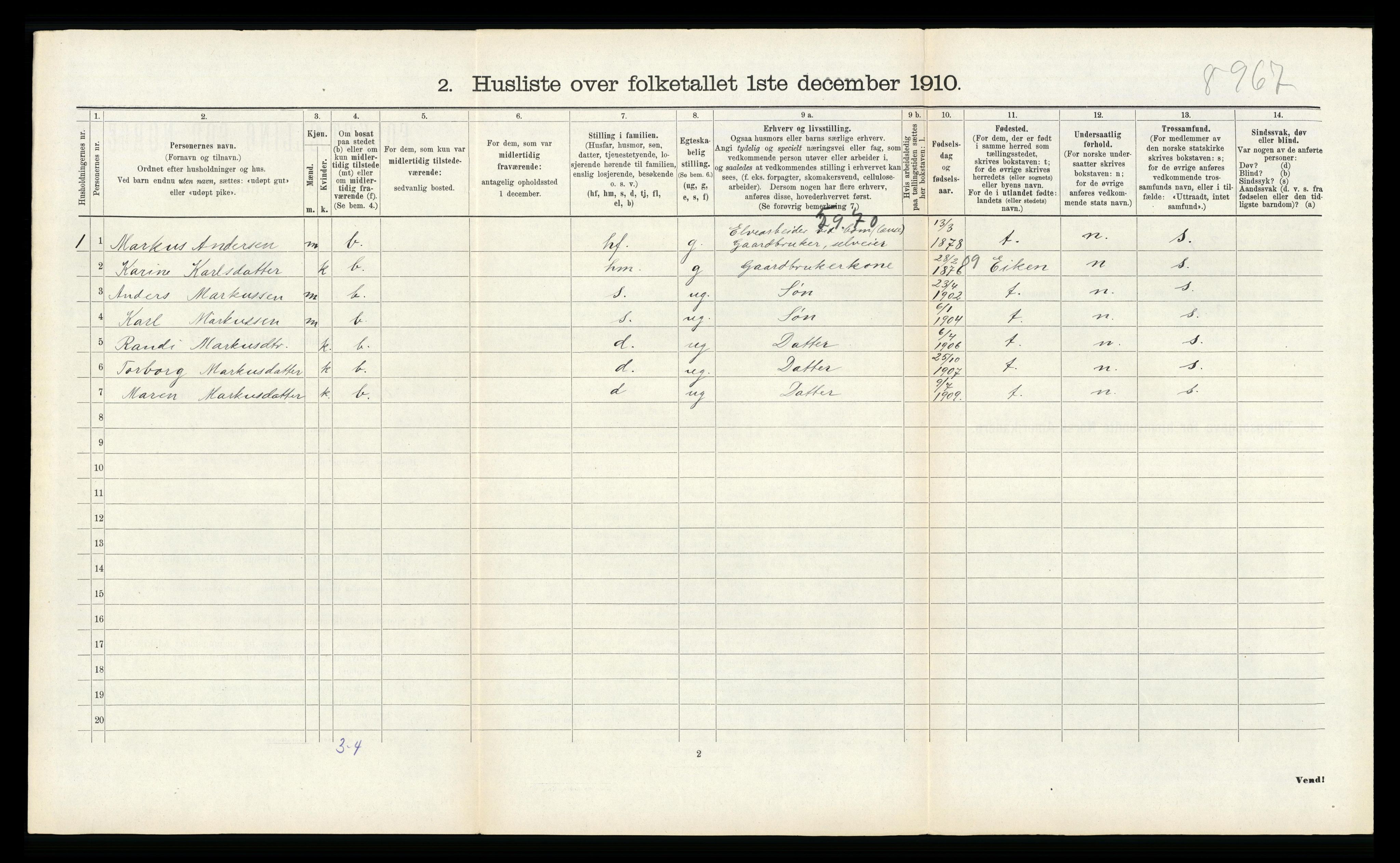 RA, 1910 census for Vennesla, 1910, p. 587