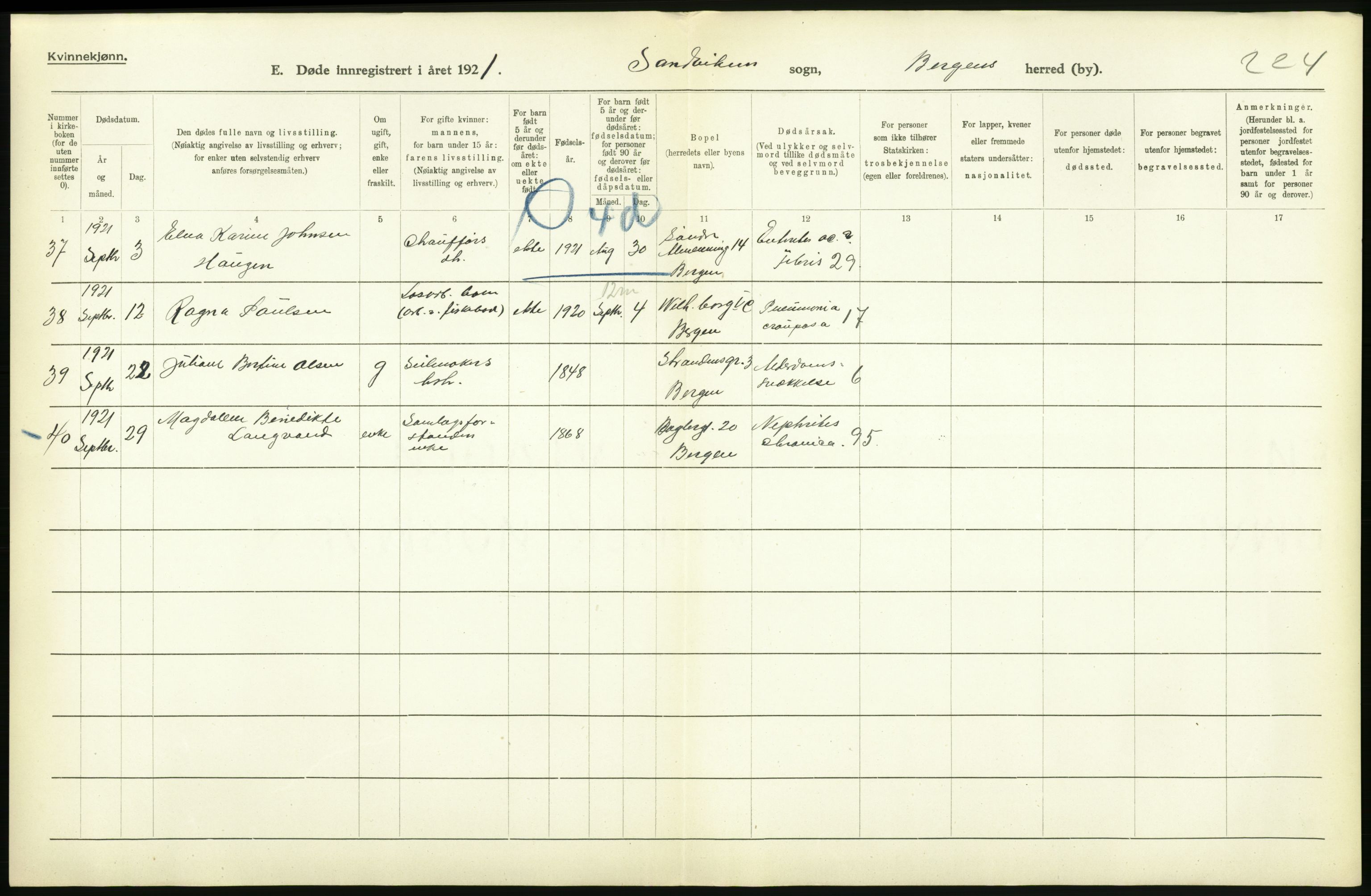 Statistisk sentralbyrå, Sosiodemografiske emner, Befolkning, RA/S-2228/D/Df/Dfc/Dfca/L0036: Bergen: Døde., 1921, p. 314