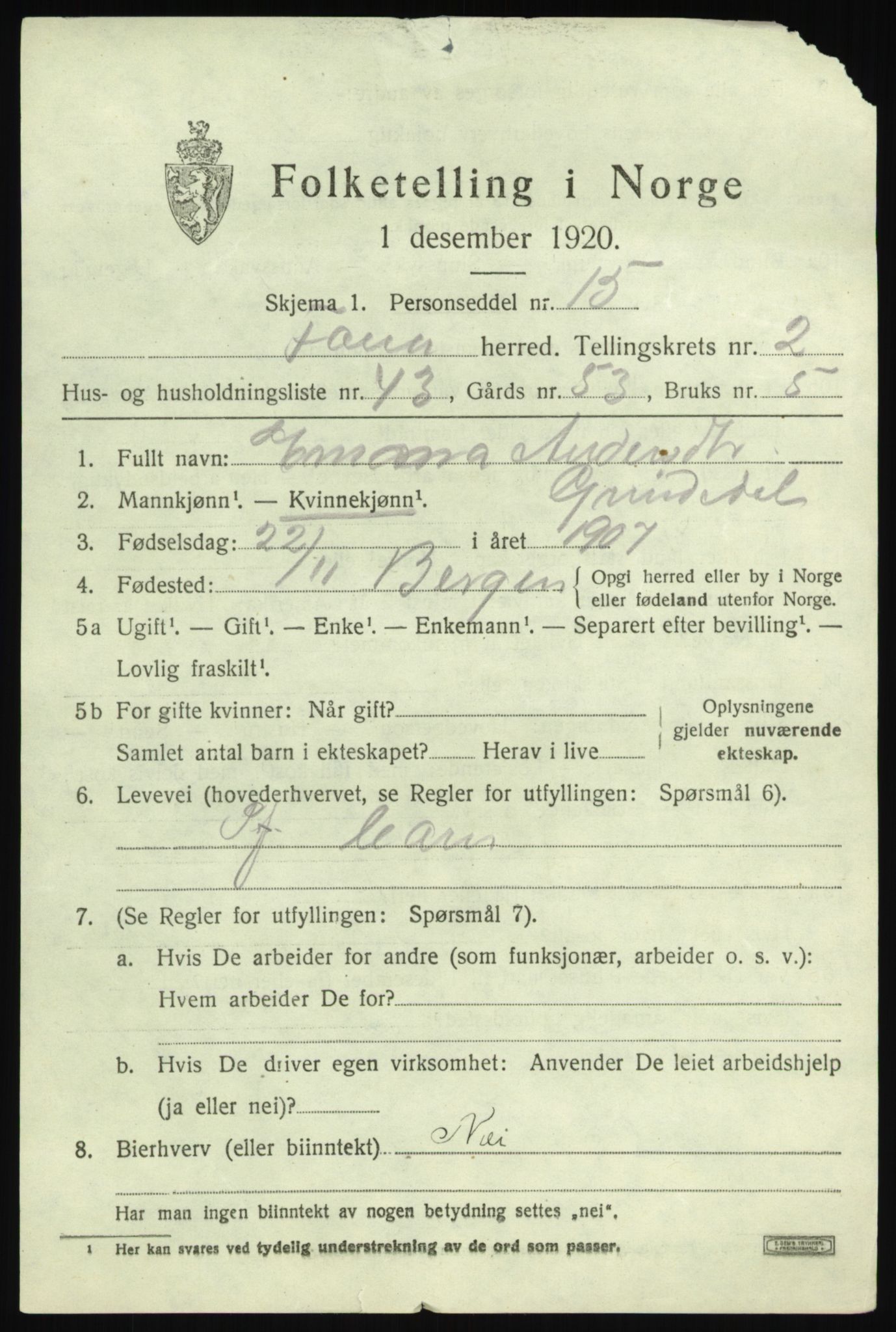 SAB, 1920 census for Fana, 1920, p. 5049