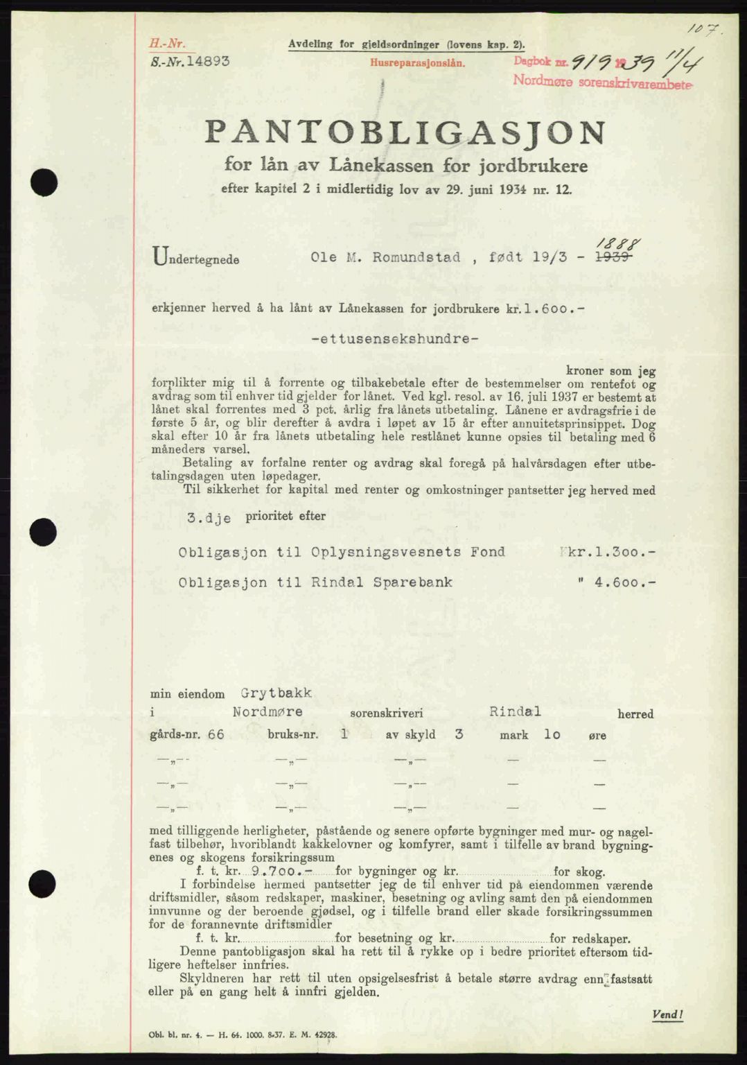 Nordmøre sorenskriveri, AV/SAT-A-4132/1/2/2Ca: Mortgage book no. B85, 1939-1939, Diary no: : 919/1939