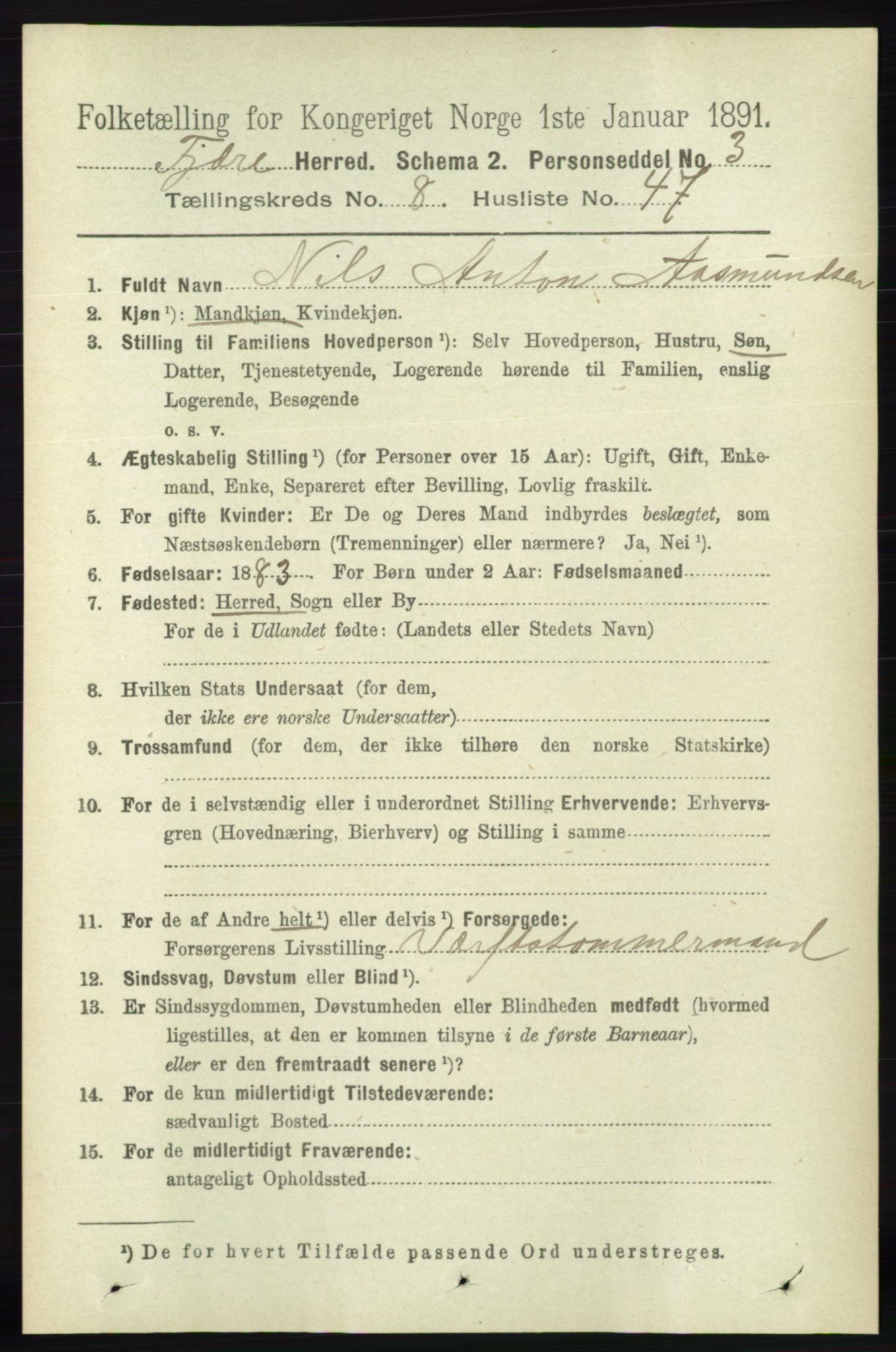 RA, 1891 census for 0923 Fjære, 1891, p. 4033