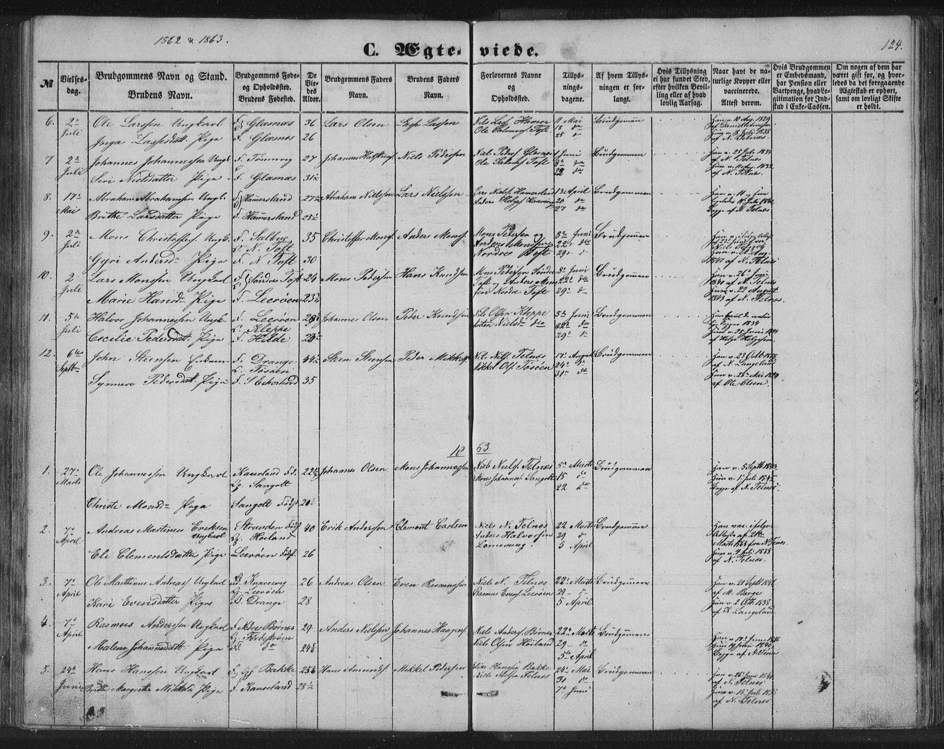 Sund sokneprestembete, SAB/A-99930: Parish register (copy) no. B 1, 1852-1873, p. 124