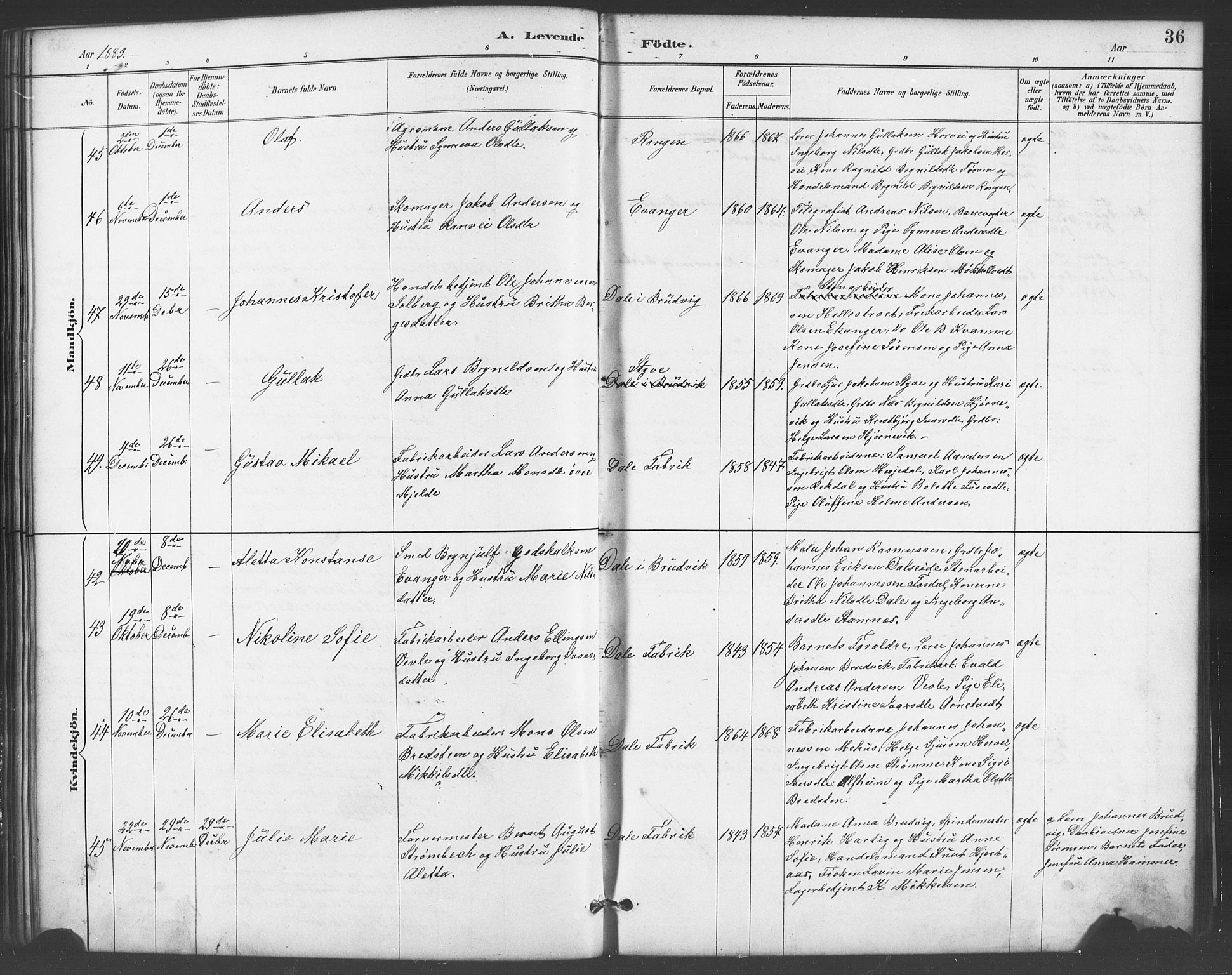 Evanger sokneprestembete, SAB/A-99924: Parish register (copy) no. A 4, 1887-1897, p. 36