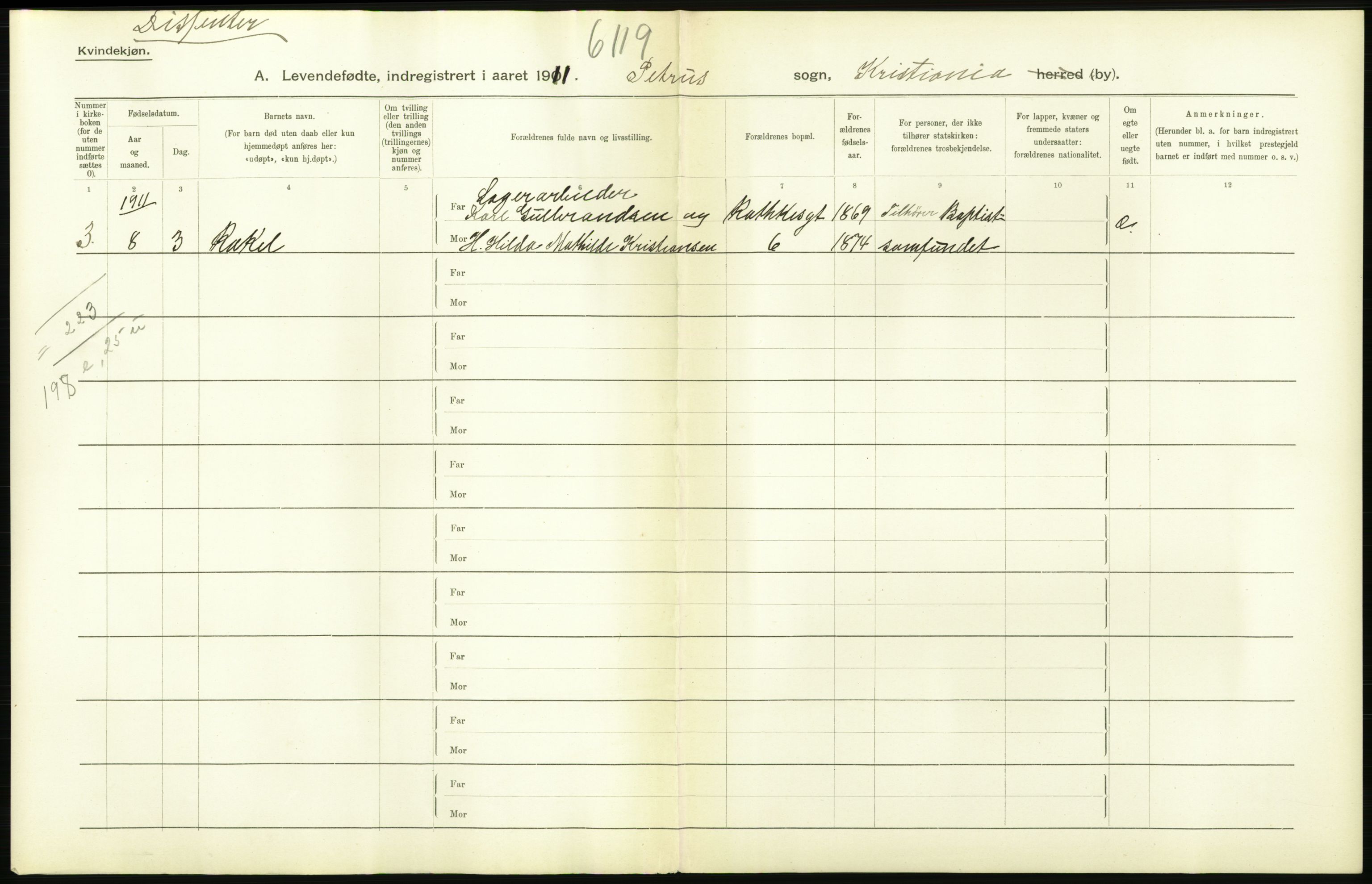 Statistisk sentralbyrå, Sosiodemografiske emner, Befolkning, AV/RA-S-2228/D/Df/Dfb/Dfba/L0007: Kristiania: Levendefødte kvinner., 1911, p. 184