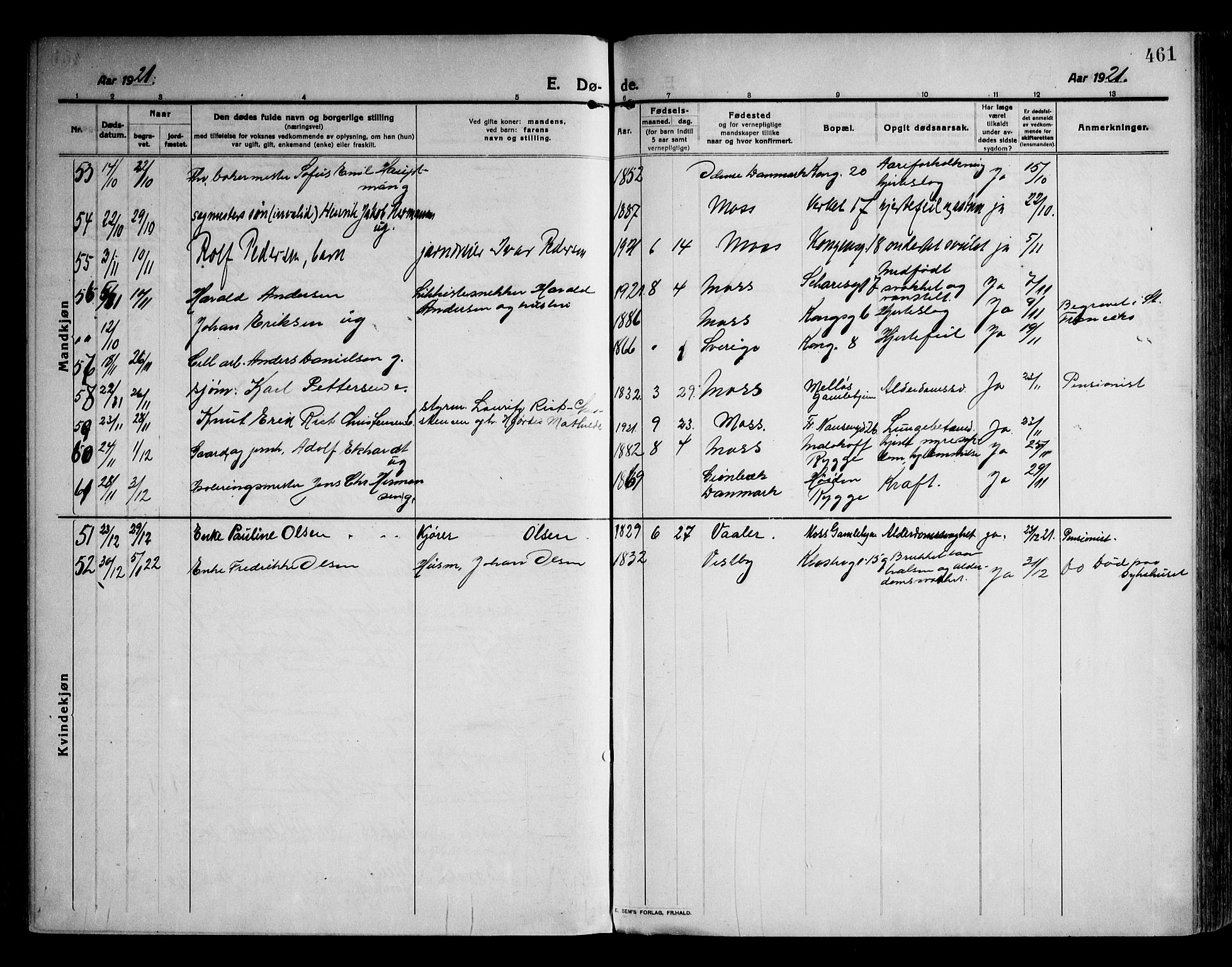 Moss prestekontor Kirkebøker, AV/SAO-A-2003/F/Fb/L0005: Parish register (official) no. II 5, 1913-1923, p. 461