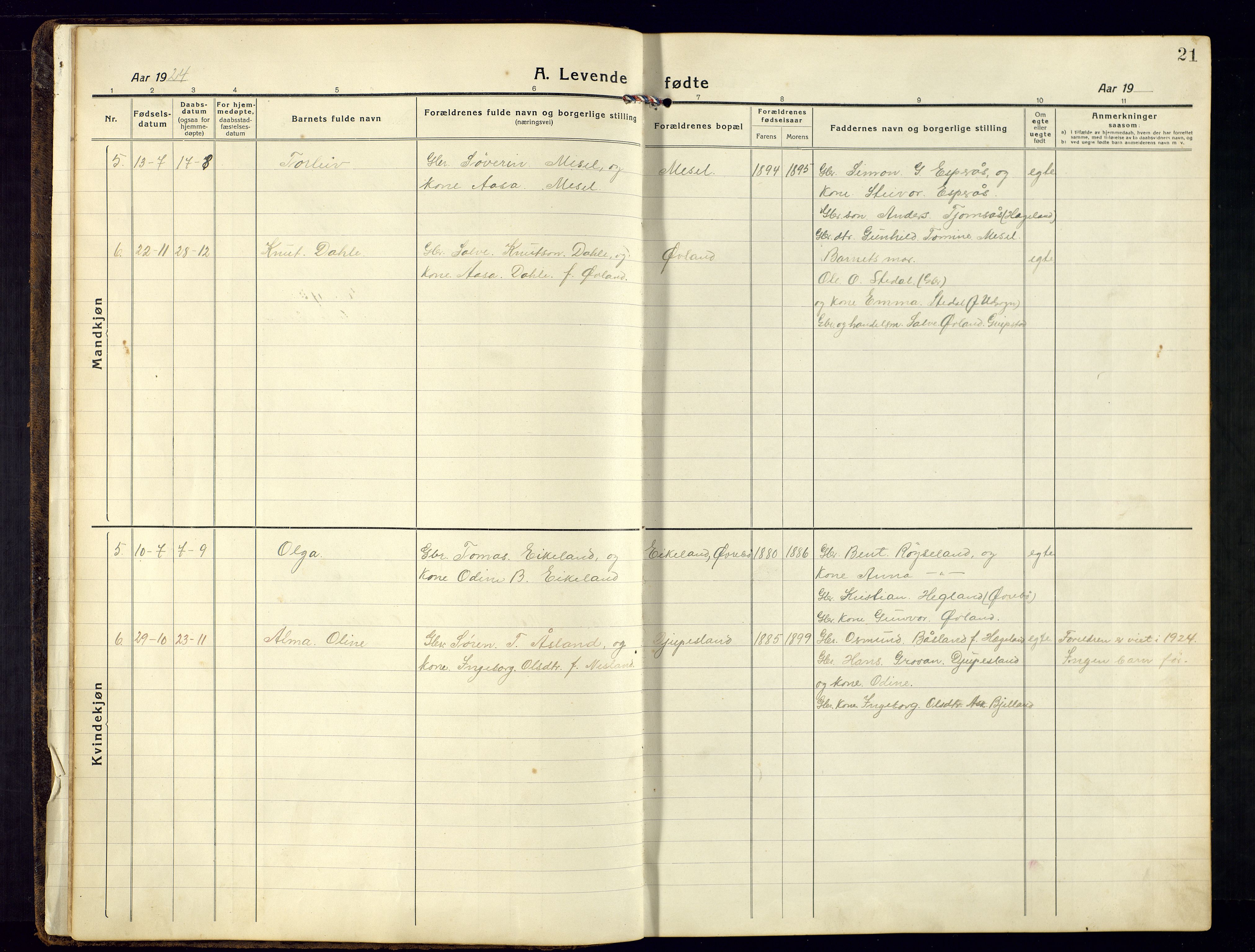 Bjelland sokneprestkontor, AV/SAK-1111-0005/F/Fb/Fbb/L0006: Parish register (copy) no. B-6, 1918-1946, p. 21