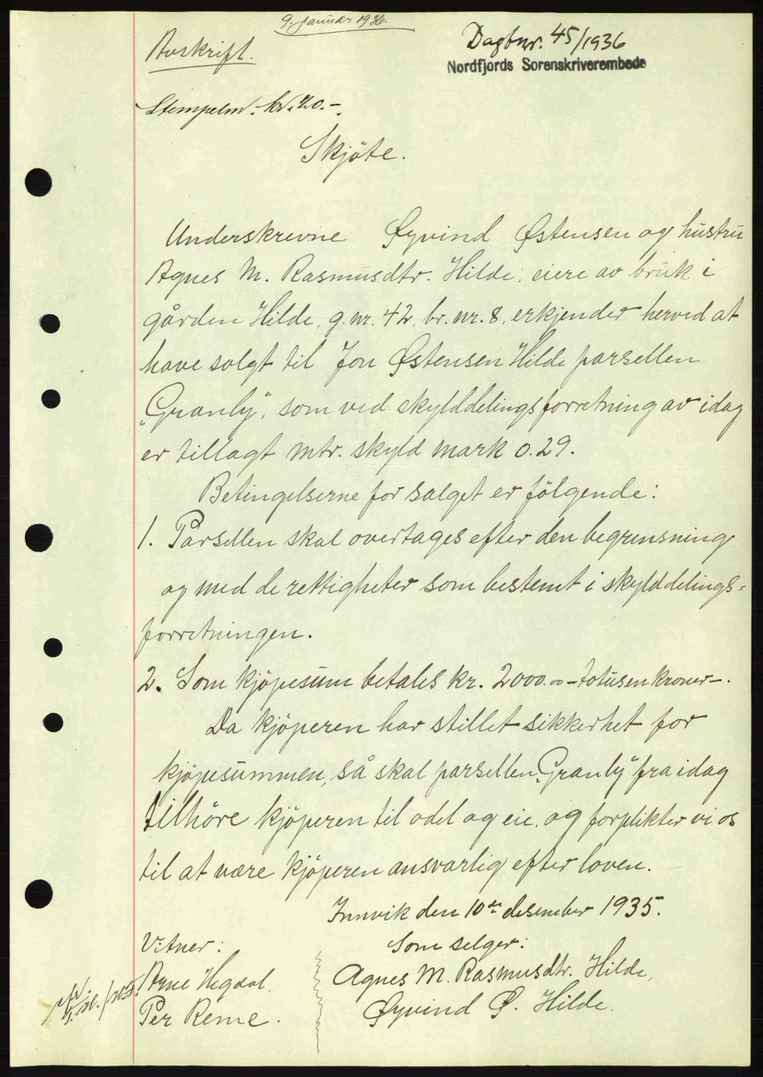 Nordfjord sorenskriveri, AV/SAB-A-2801/02/02b/02bj/L0001: Mortgage book no. A1, 1936-1937, Diary no: : 45/1936