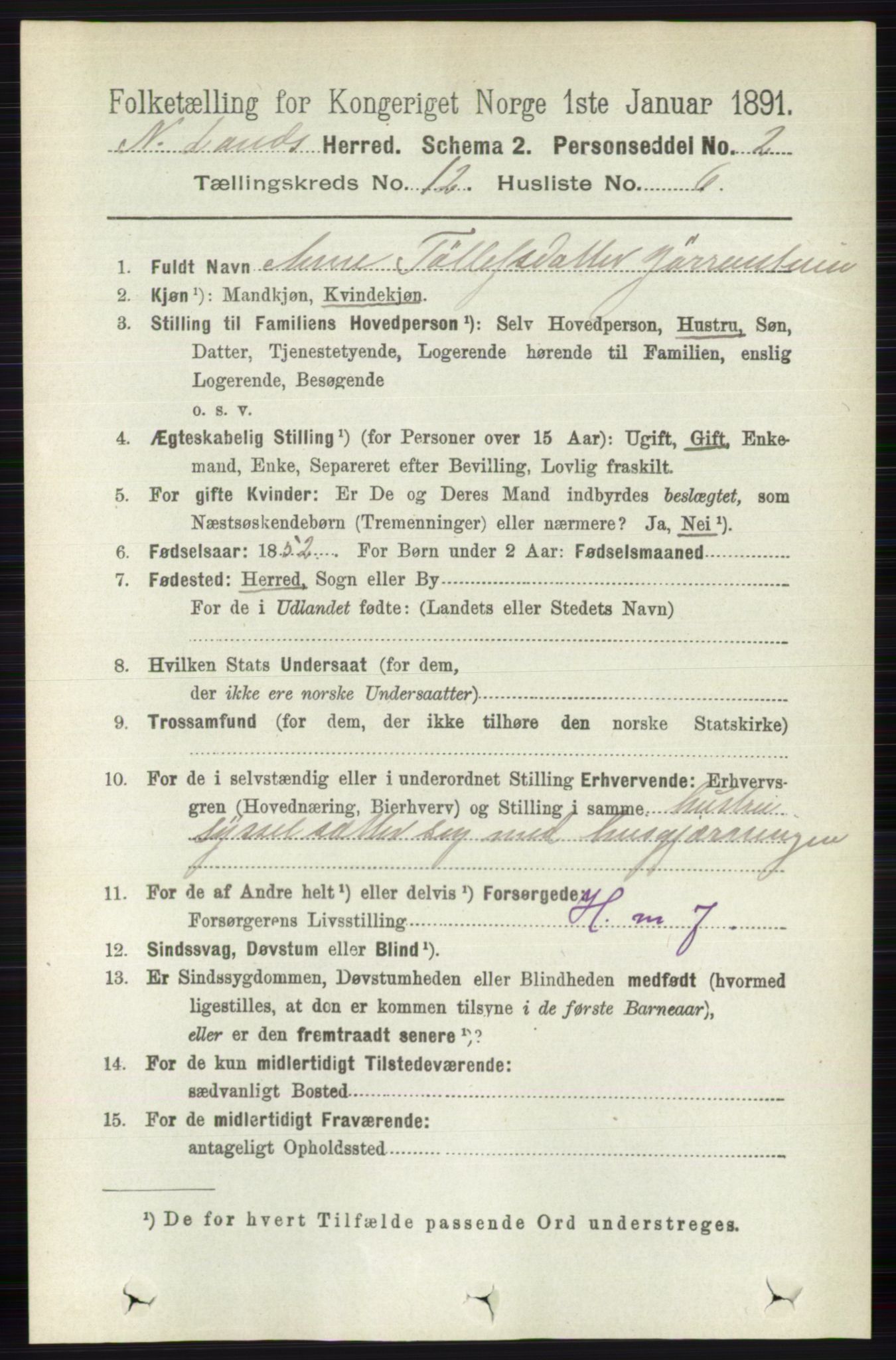 RA, 1891 census for 0538 Nordre Land, 1891, p. 3251