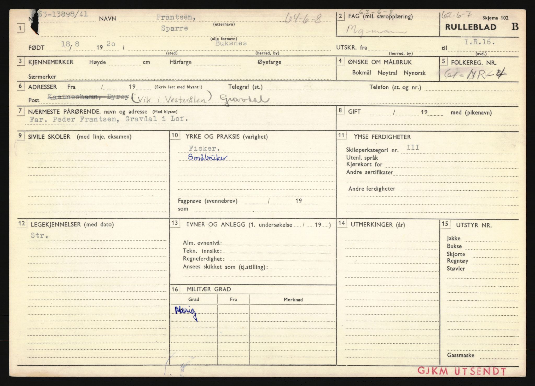 Forsvaret, Troms infanteriregiment nr. 16, AV/RA-RAFA-3146/P/Pa/L0024/0002: Rulleblad / Rulleblad for regimentets menige mannskaper, årsklasse 1941, 1941, p. 74