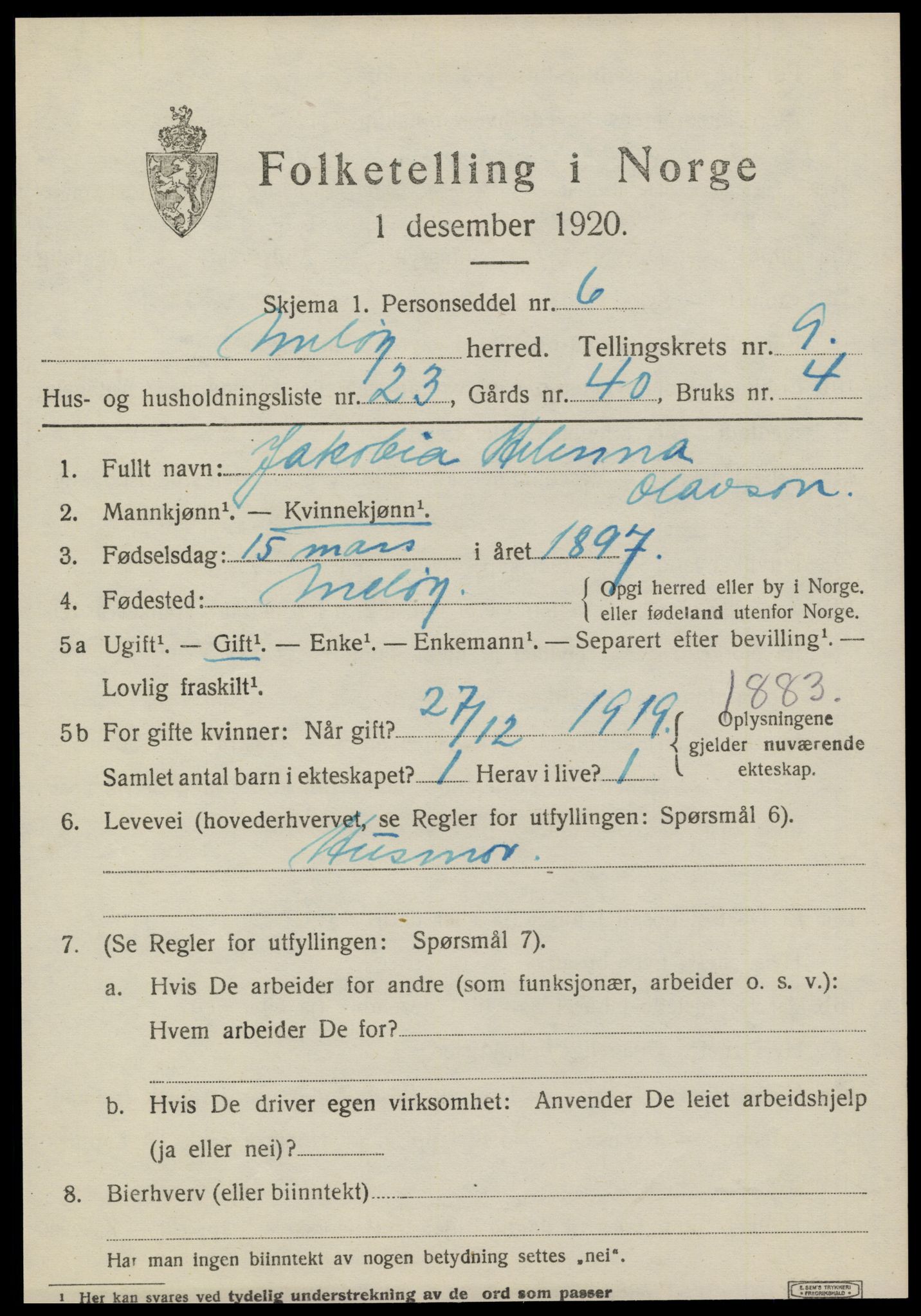 SAT, 1920 census for Meløy, 1920, p. 4719