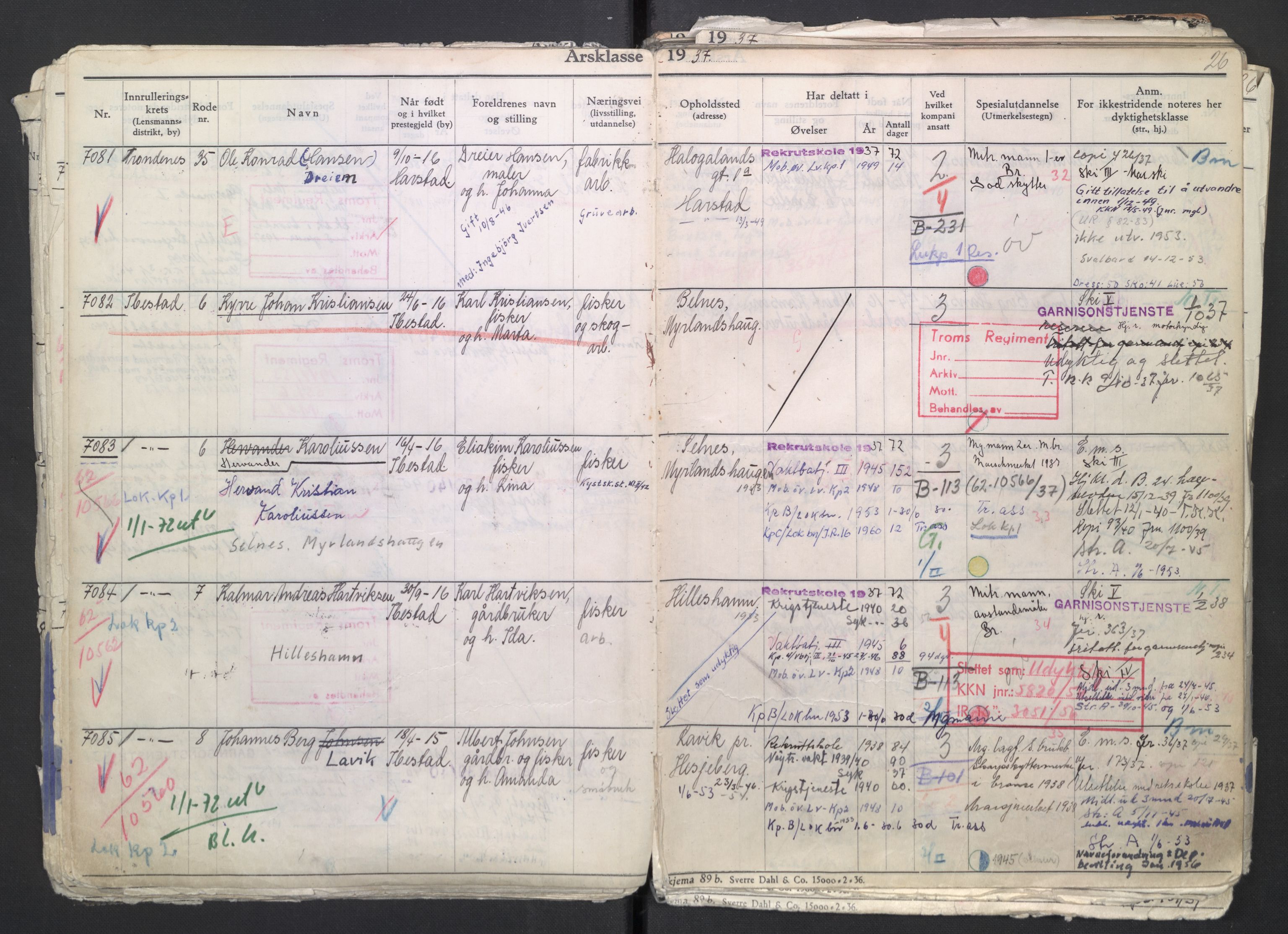 Forsvaret, Troms infanteriregiment nr. 16, AV/RA-RAFA-3146/P/Pa/L0007/0002: Ruller / Rulle for regimentets menige mannskaper, årsklasse 1937, 1937, p. 26