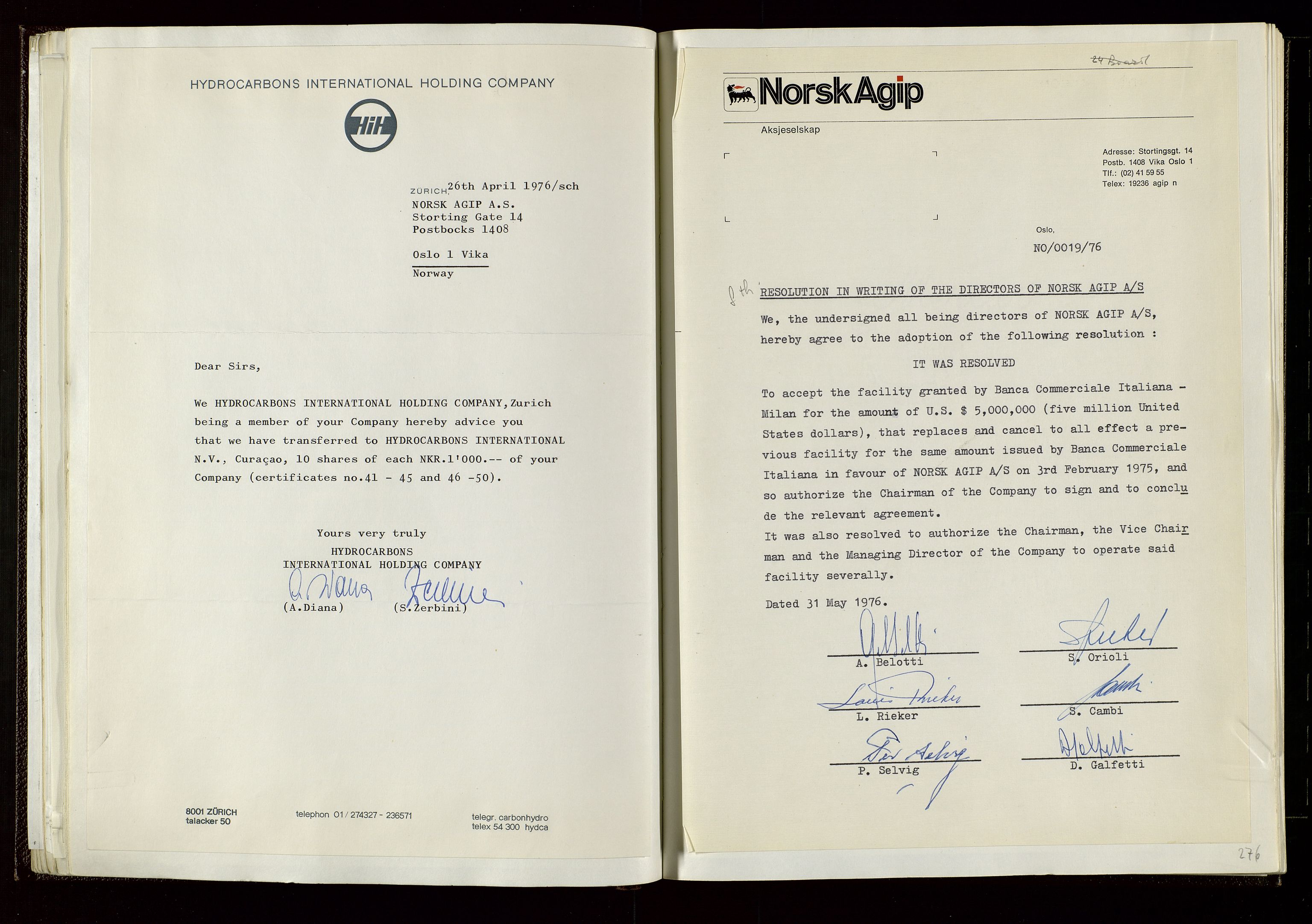 Pa 1583 - Norsk Agip AS, AV/SAST-A-102138/A/Aa/L0002: General assembly and Board of Directors meeting minutes, 1972-1979, p. 275-276