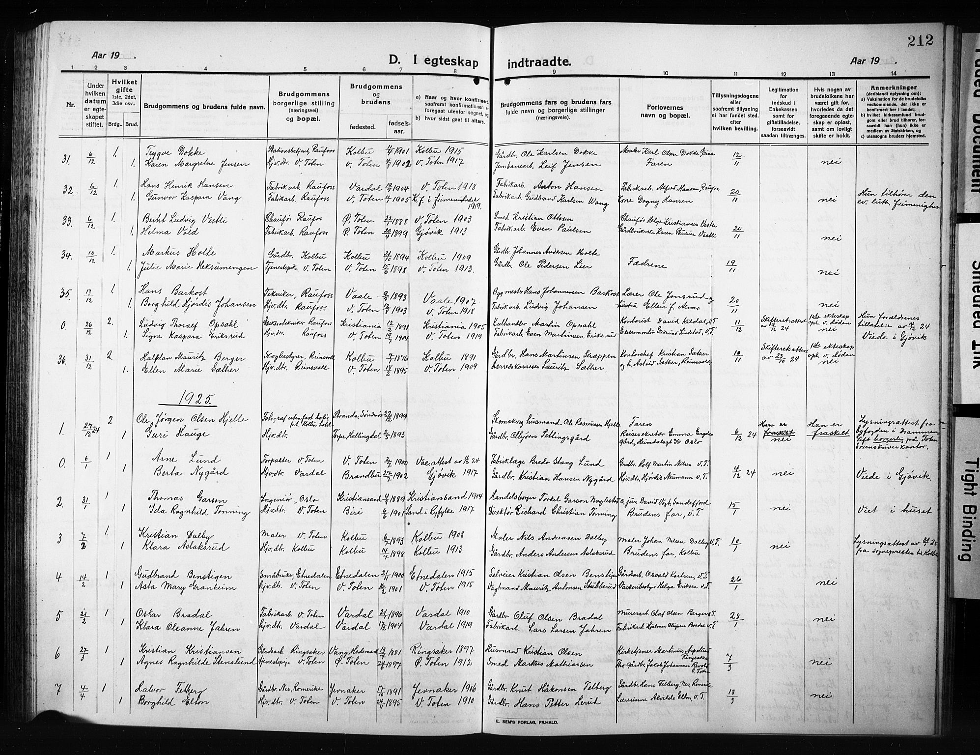 Vestre Toten prestekontor, AV/SAH-PREST-108/H/Ha/Hab/L0012: Parish register (copy) no. 12, 1909-1928, p. 212