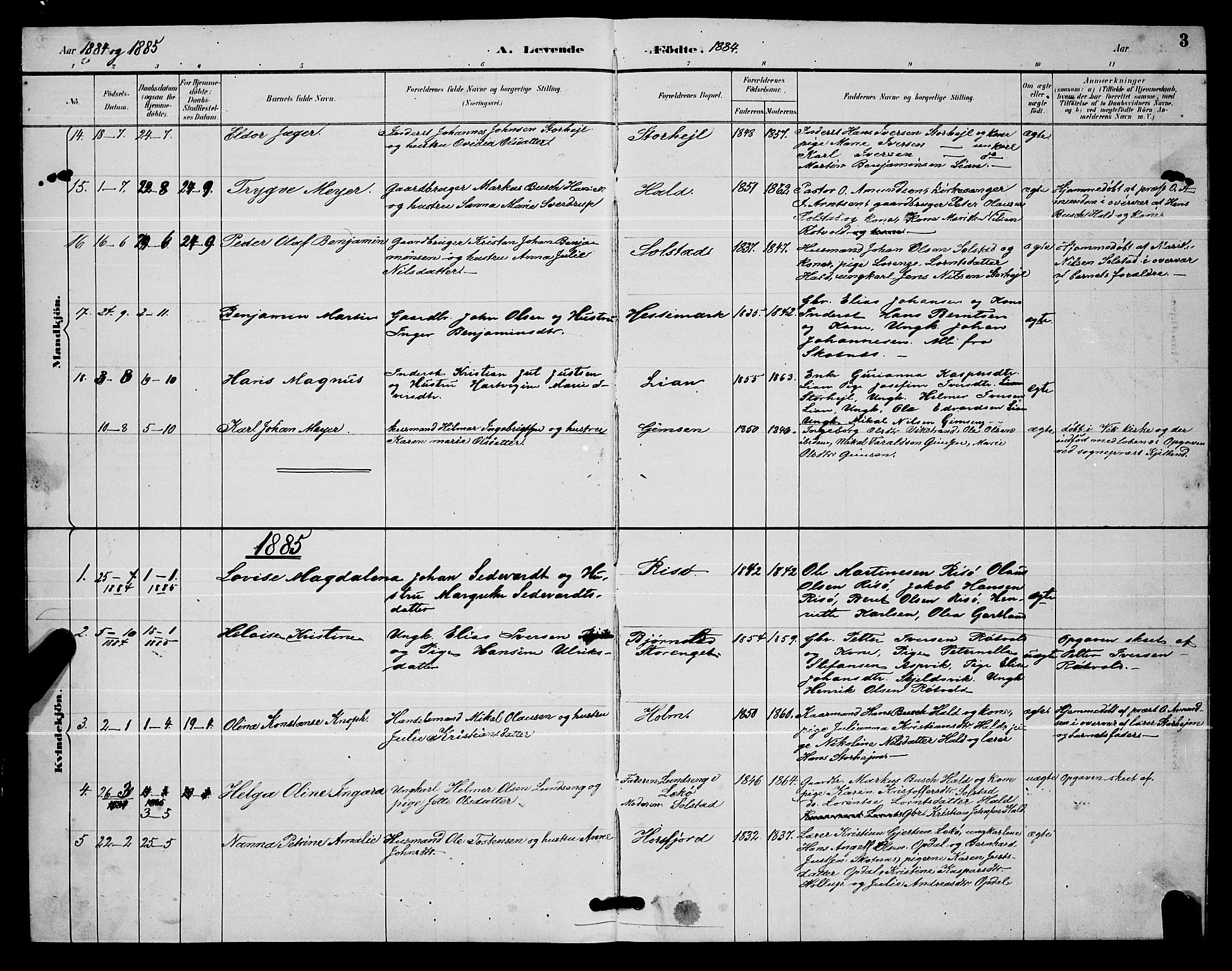 Ministerialprotokoller, klokkerbøker og fødselsregistre - Nordland, AV/SAT-A-1459/811/L0169: Parish register (copy) no. 811C01, 1884-1894, p. 3