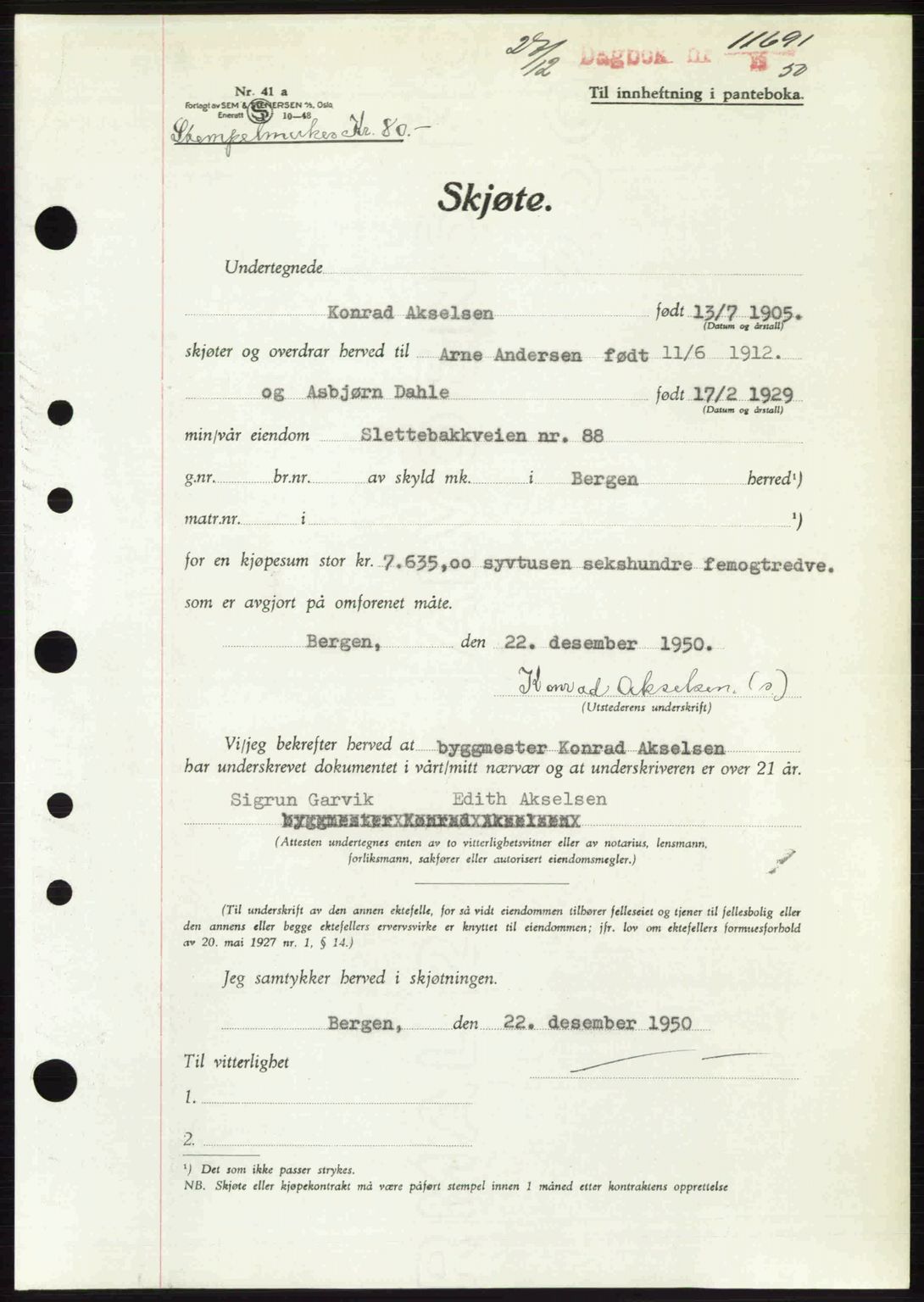Byfogd og Byskriver i Bergen, AV/SAB-A-3401/03/03Bc/L0034: Mortgage book no. A27-28, 1950-1950, Diary no: : 11691/1950