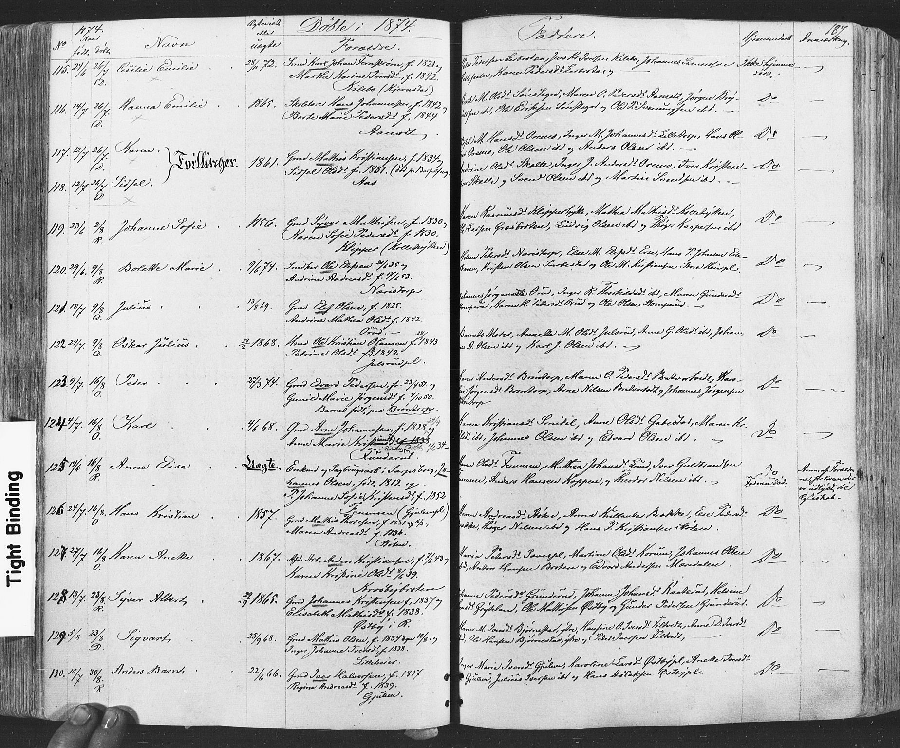 Rakkestad prestekontor Kirkebøker, AV/SAO-A-2008/F/Fa/L0011: Parish register (official) no. I 11, 1862-1877, p. 187