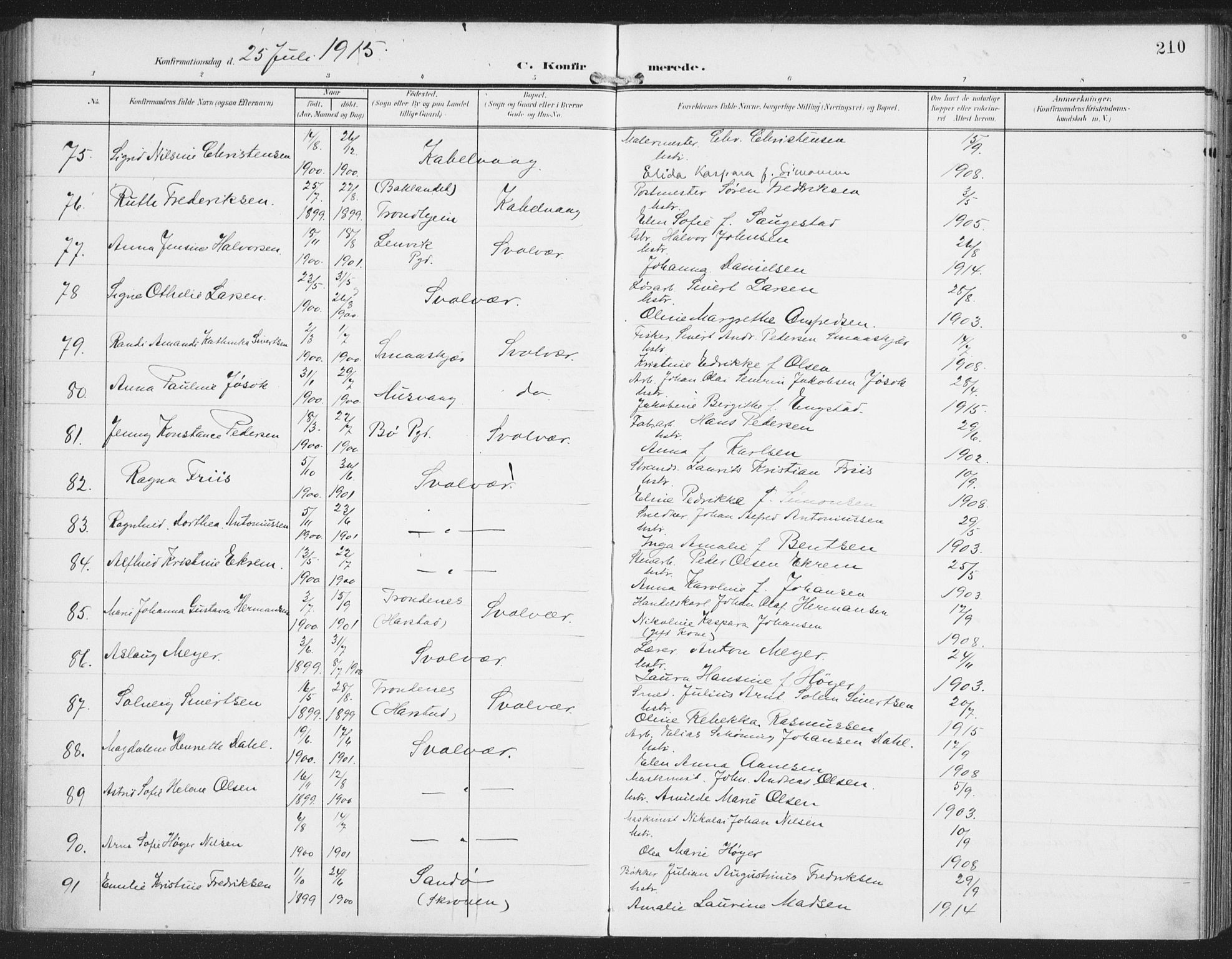 Ministerialprotokoller, klokkerbøker og fødselsregistre - Nordland, AV/SAT-A-1459/874/L1063: Parish register (official) no. 874A07, 1907-1915, p. 210