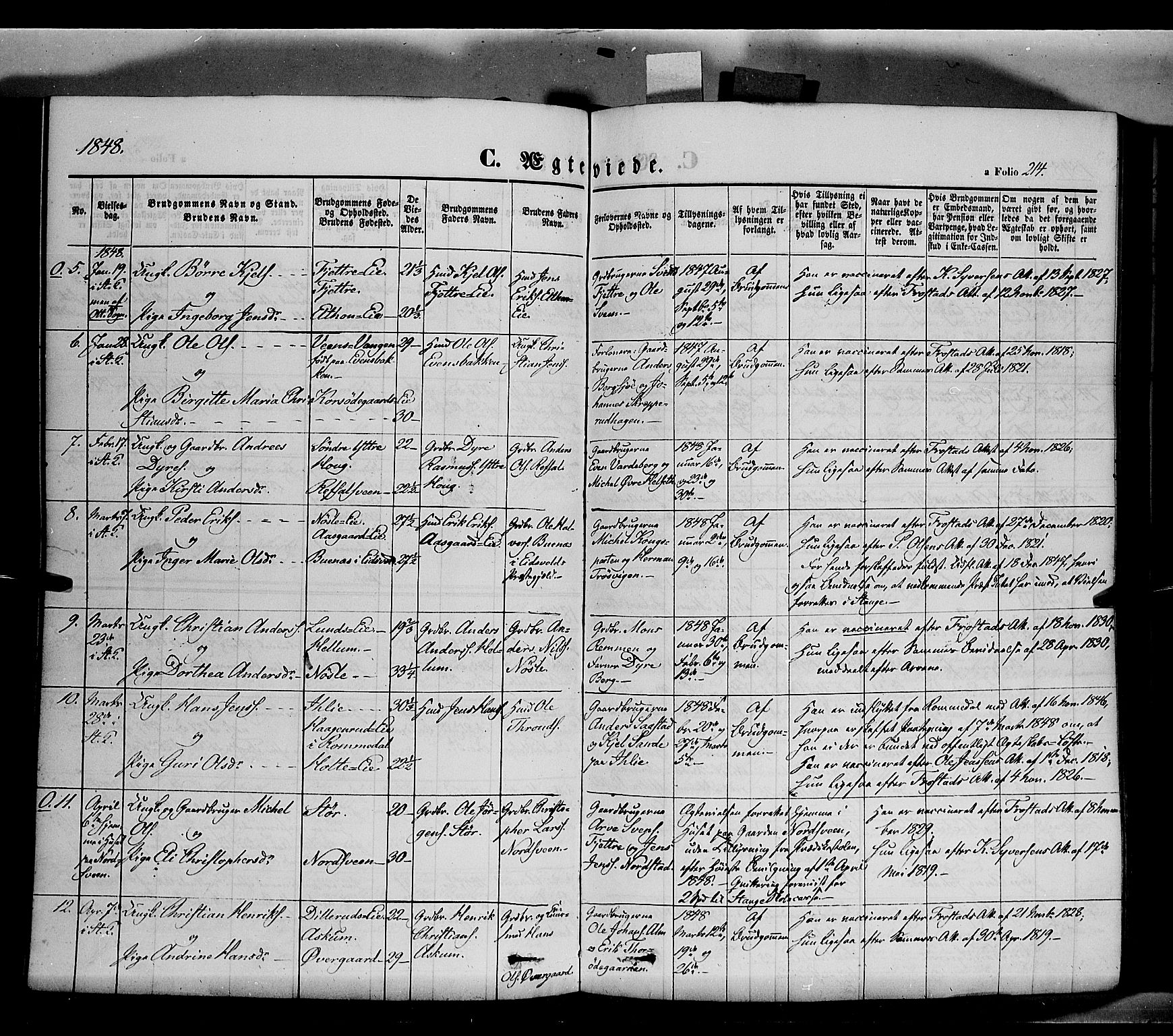 Stange prestekontor, SAH/PREST-002/K/L0011: Parish register (official) no. 11, 1846-1852, p. 214