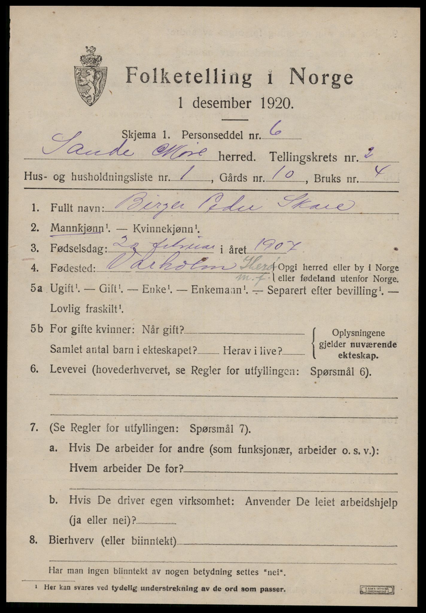 SAT, 1920 census for Sande (MR), 1920, p. 1592