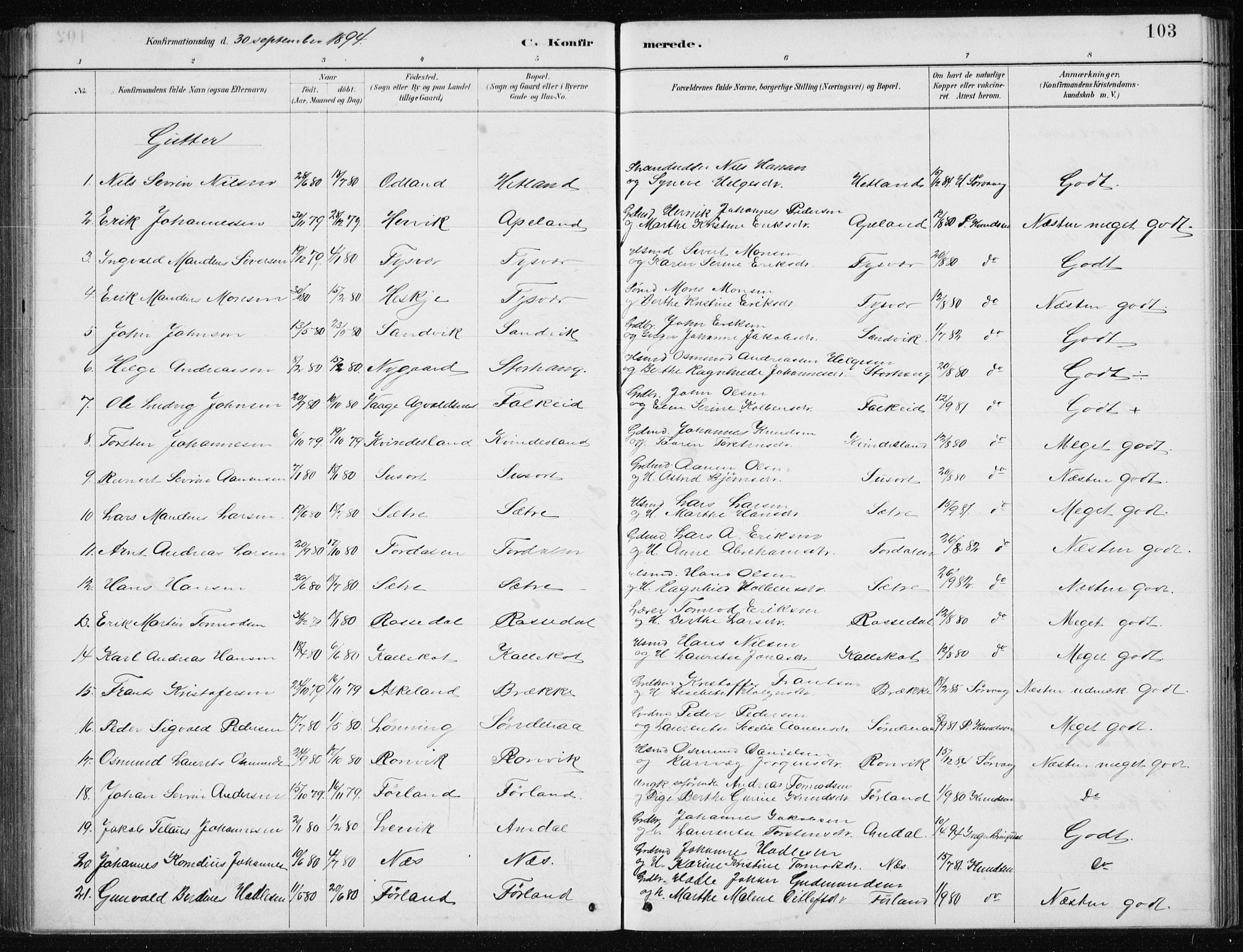 Tysvær sokneprestkontor, SAST/A -101864/H/Ha/Hab/L0004: Parish register (copy) no. B 4, 1883-1896, p. 103