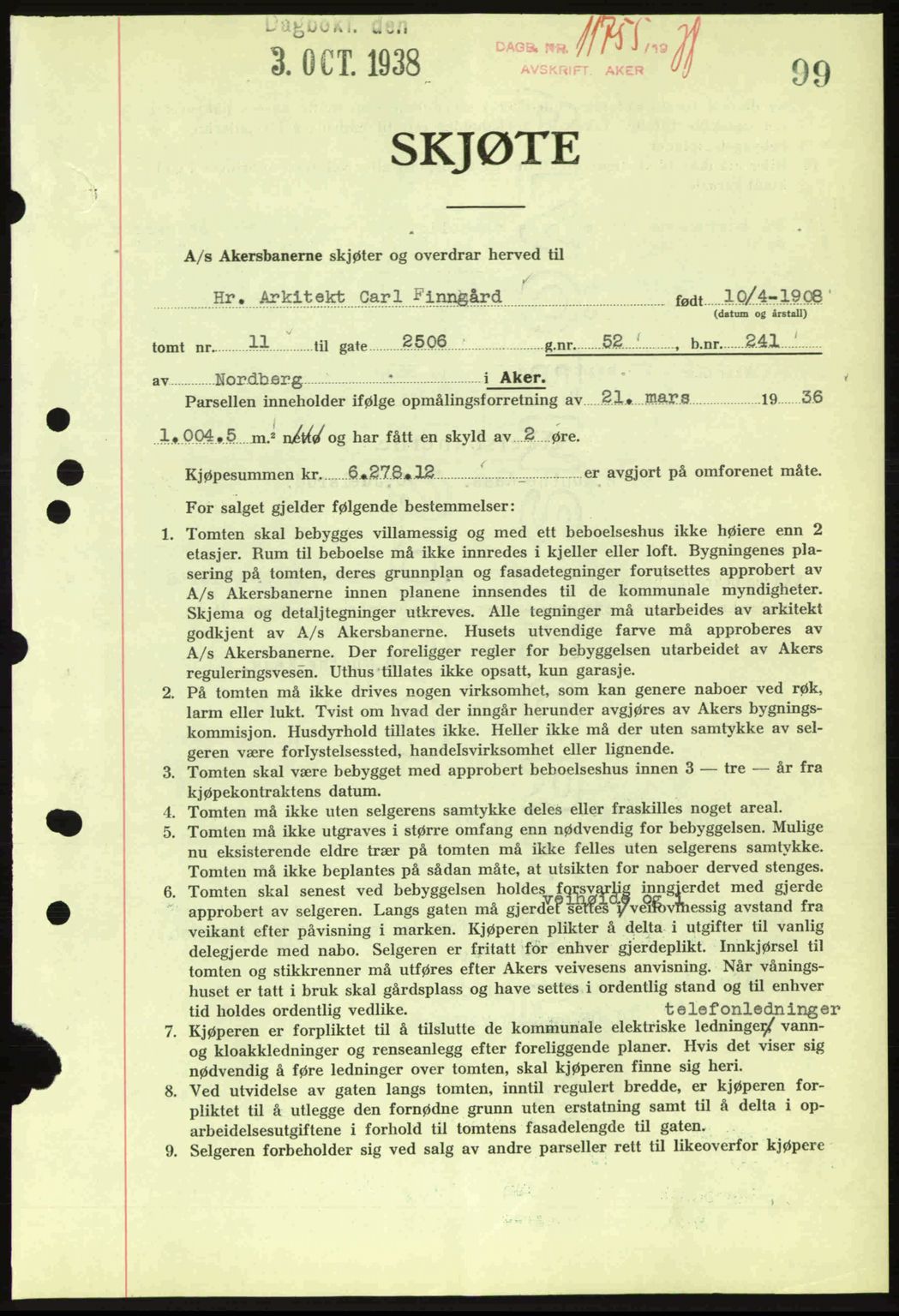 Aker herredsskriveri, SAO/A-10896/G/Gb/Gba/Gbab/L0025: Mortgage book no. A154-155, 1938-1938, Diary no: : 11755/1938
