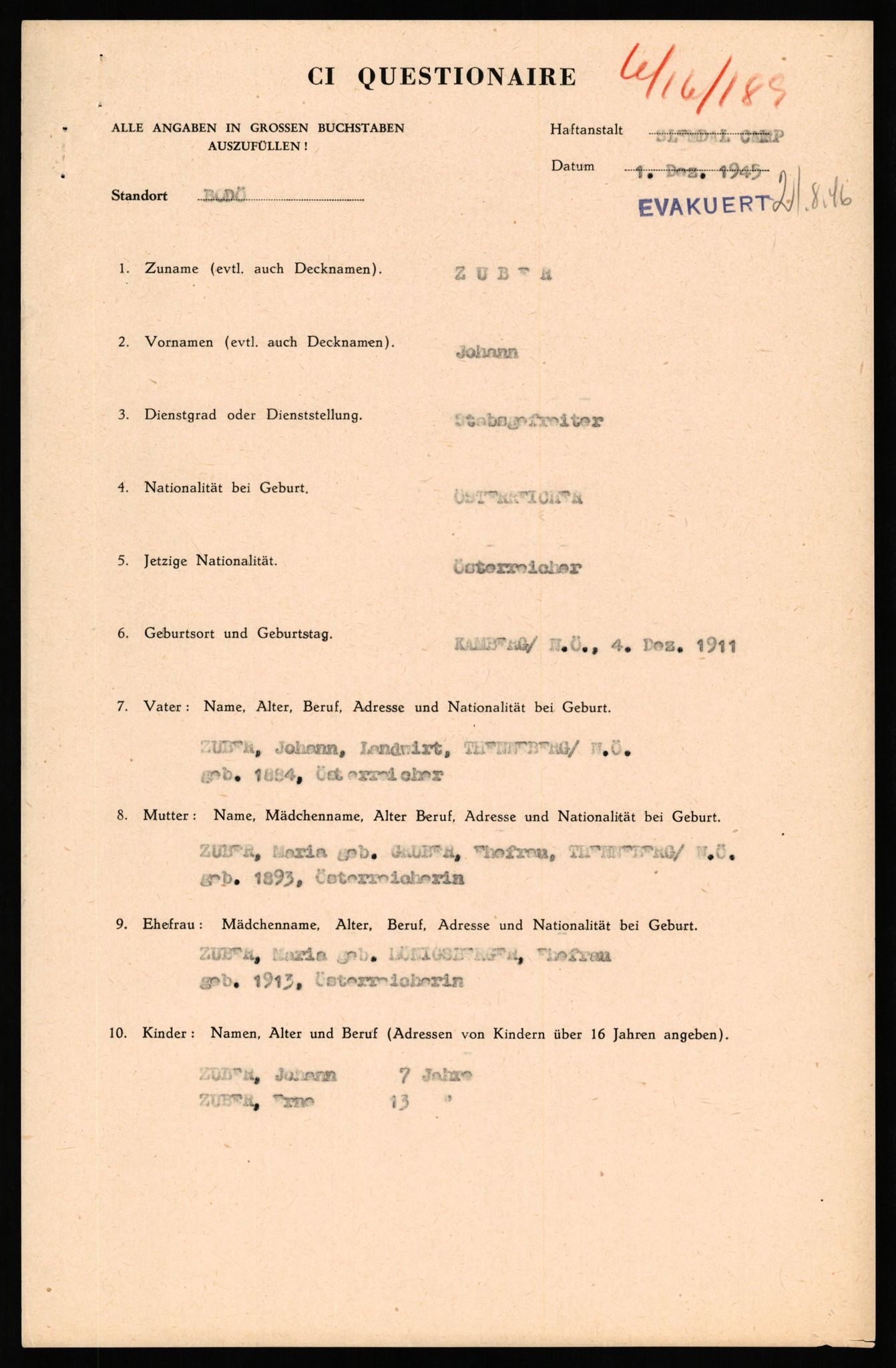 Forsvaret, Forsvarets overkommando II, AV/RA-RAFA-3915/D/Db/L0040: CI Questionaires. Tyske okkupasjonsstyrker i Norge. Østerrikere., 1945-1946, p. 467