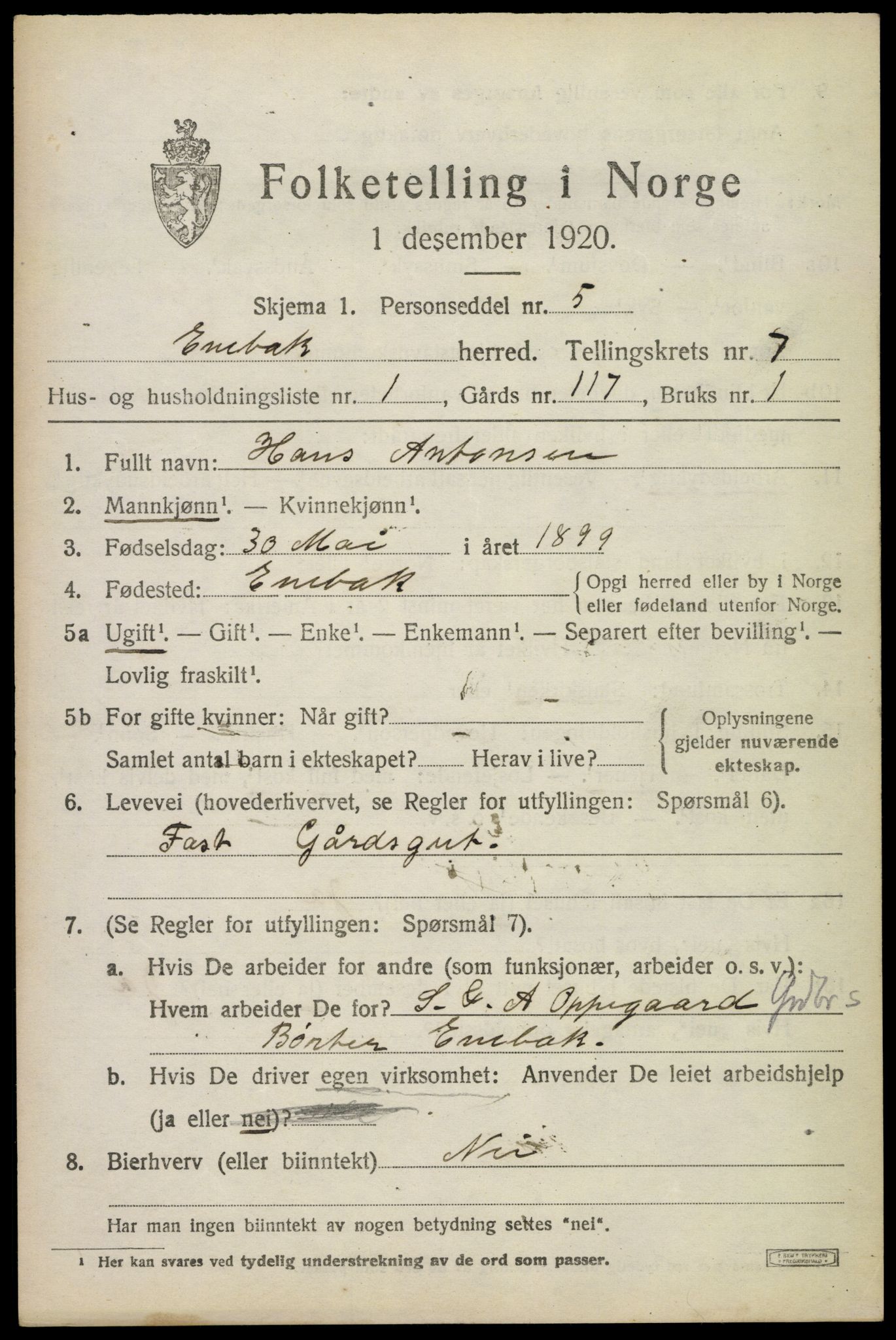 SAO, 1920 census for Enebakk, 1920, p. 6095