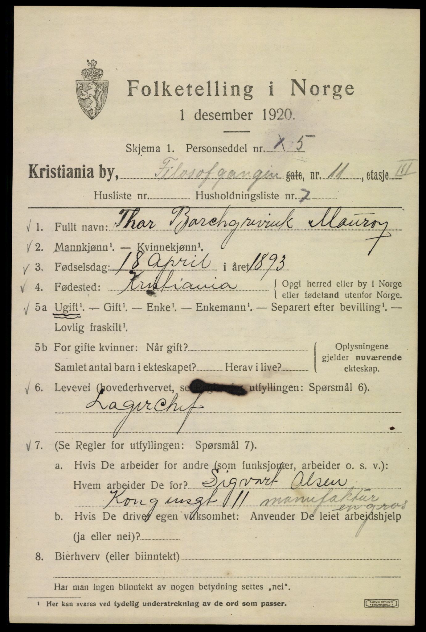 SAO, 1920 census for Kristiania, 1920, p. 229051