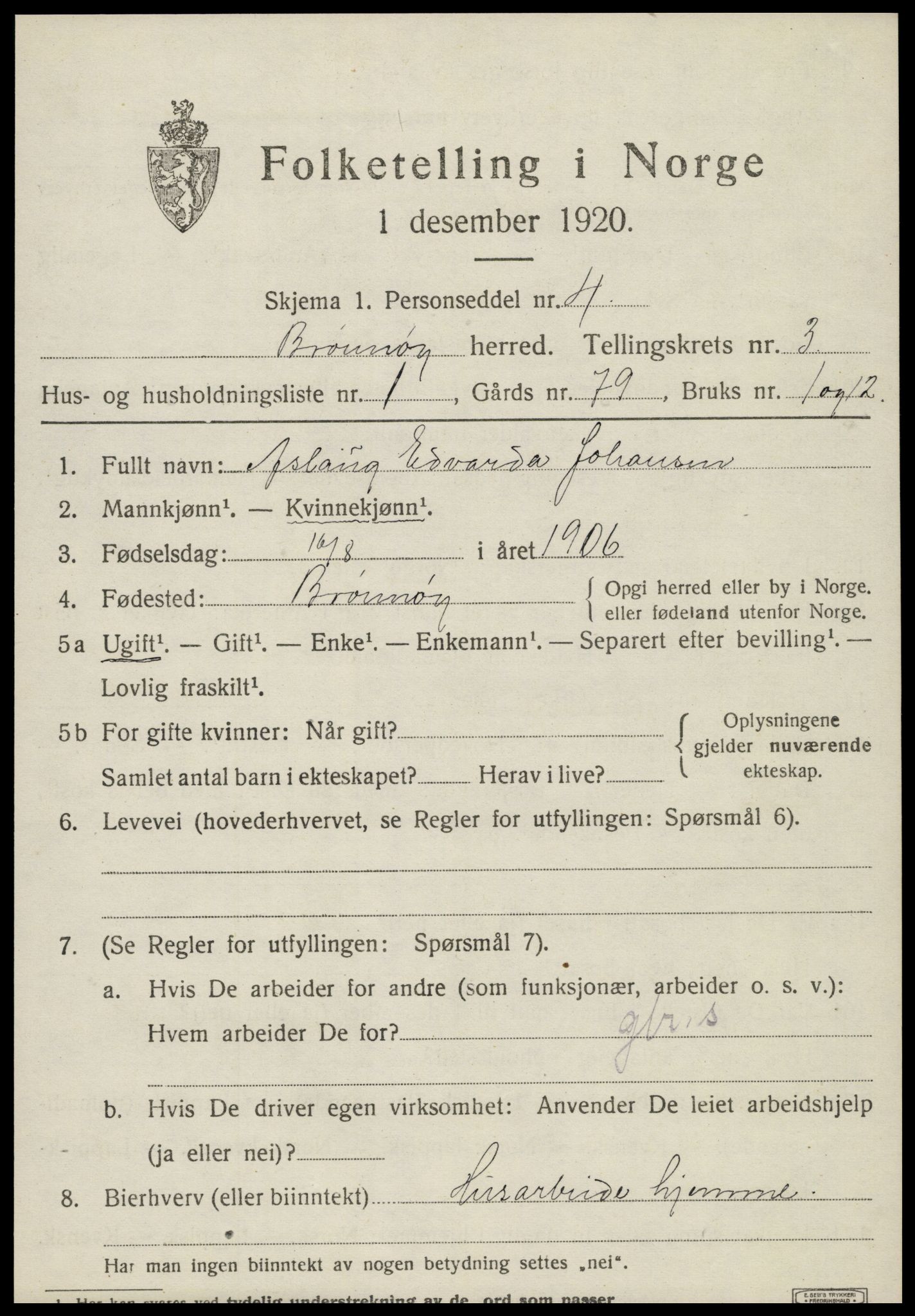 SAT, 1920 census for Brønnøy, 1920, p. 2484