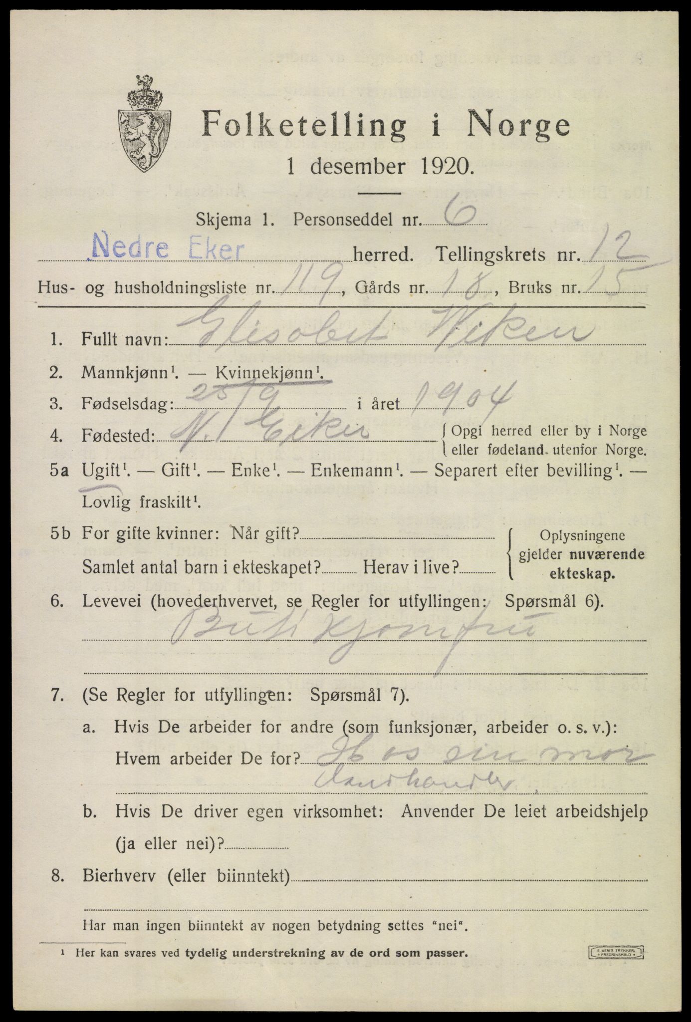 SAKO, 1920 census for Nedre Eiker, 1920, p. 14719