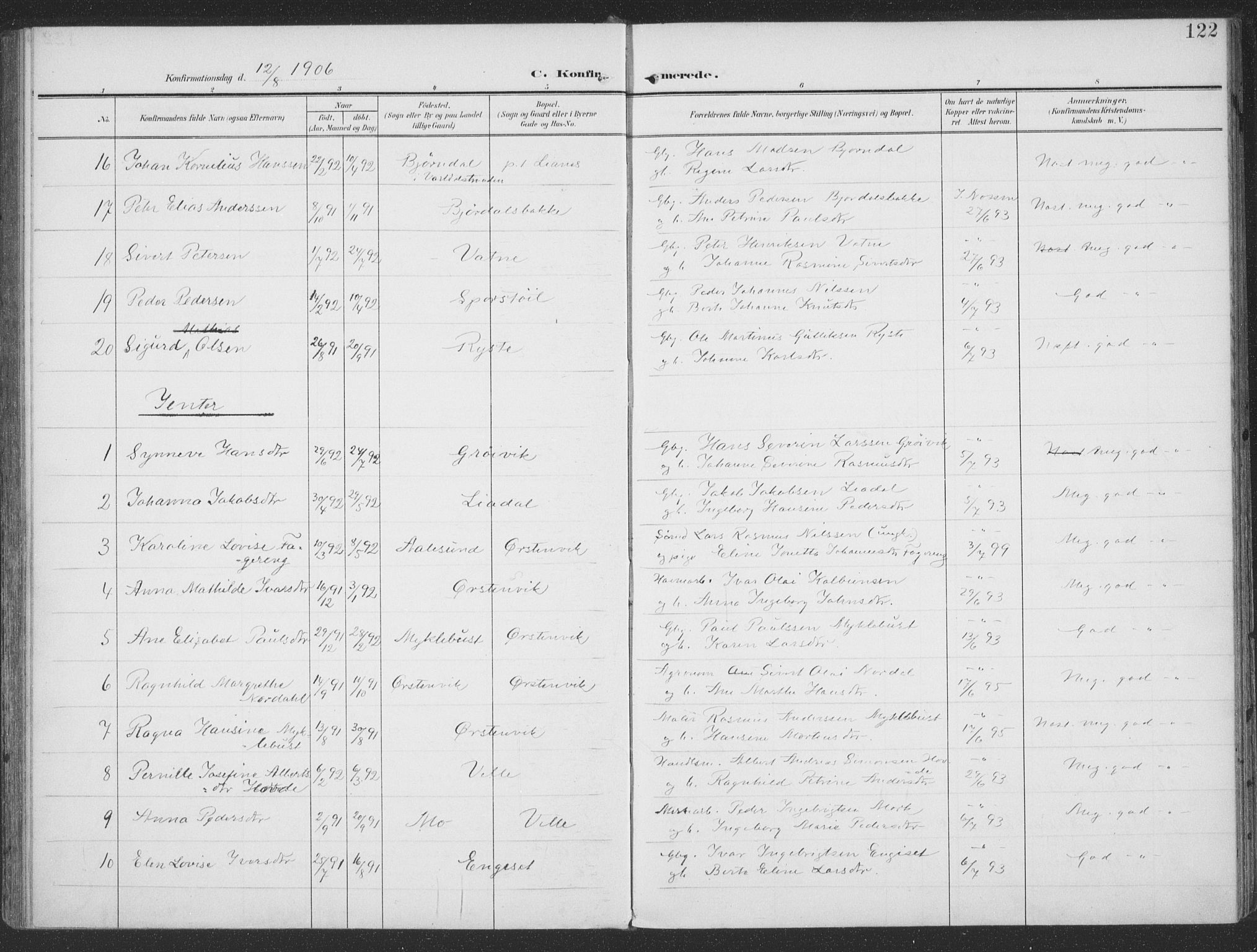 Ministerialprotokoller, klokkerbøker og fødselsregistre - Møre og Romsdal, SAT/A-1454/513/L0178: Parish register (official) no. 513A05, 1906-1919, p. 122