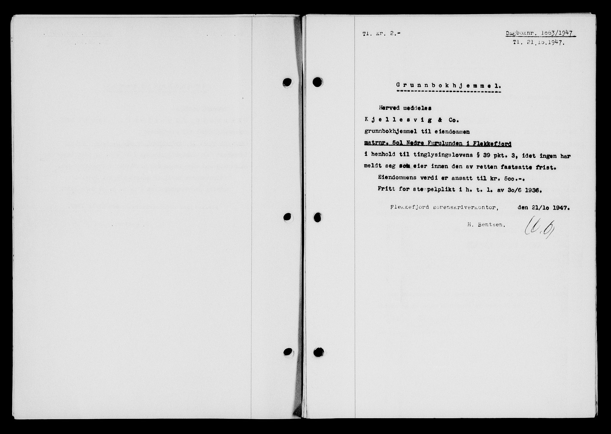 Flekkefjord sorenskriveri, SAK/1221-0001/G/Gb/Gba/L0063: Mortgage book no. A-11, 1947-1948, Diary no: : 1063/1947