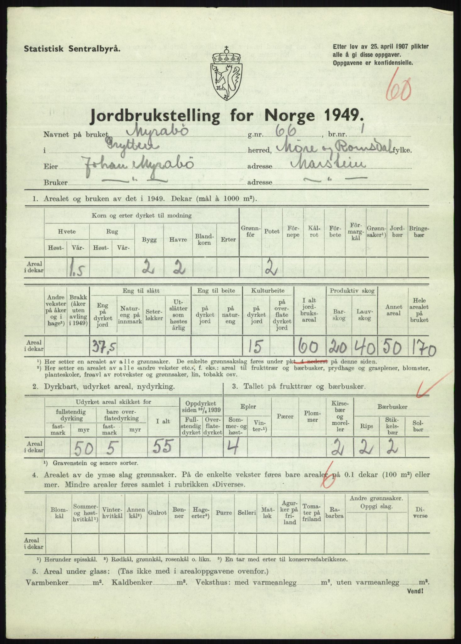 Statistisk sentralbyrå, Næringsøkonomiske emner, Jordbruk, skogbruk, jakt, fiske og fangst, AV/RA-S-2234/G/Gc/L0323: Møre og Romsdal: Grytten og Hen, 1949, p. 271