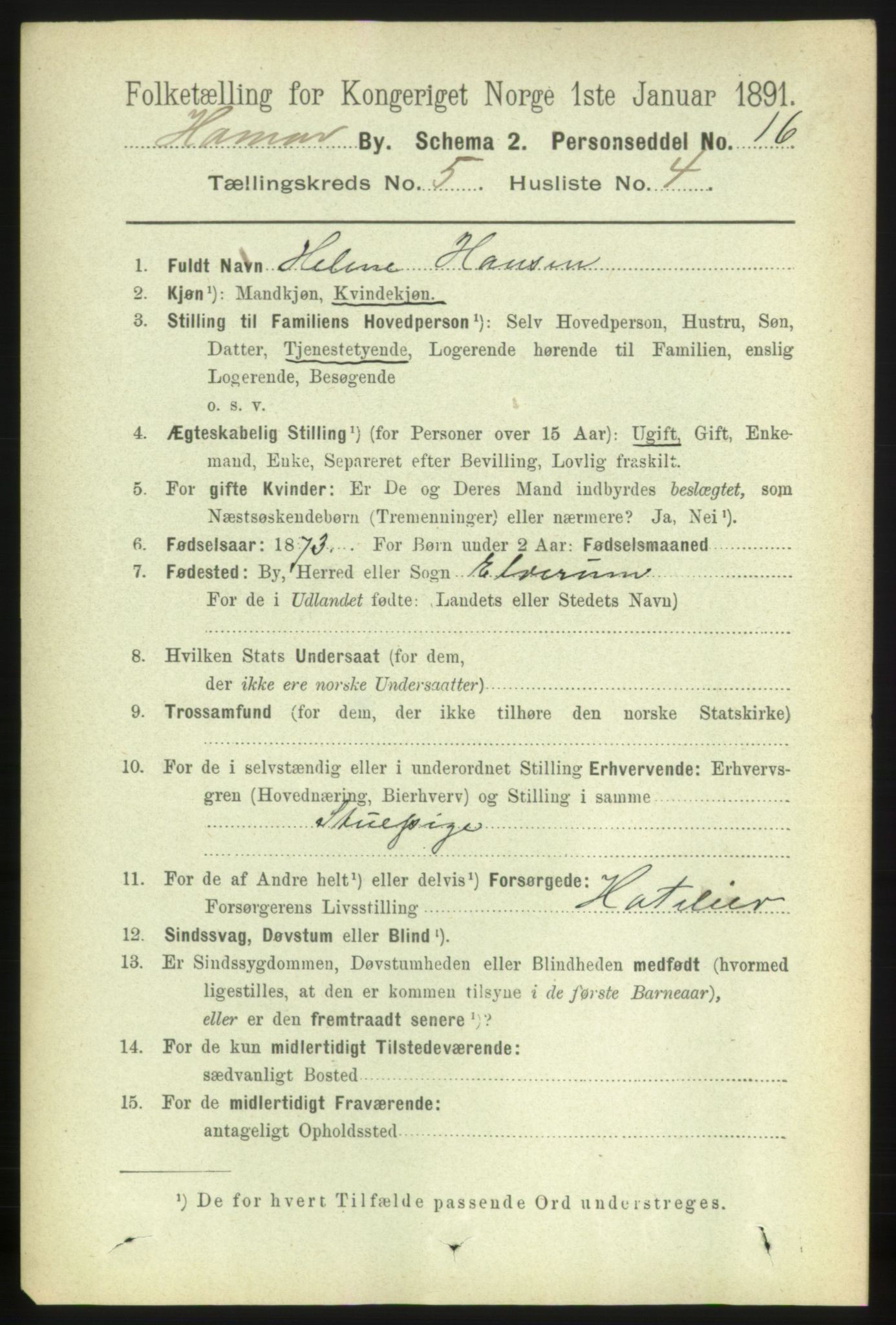 RA, 1891 census for 0401 Hamar, 1891, p. 3750