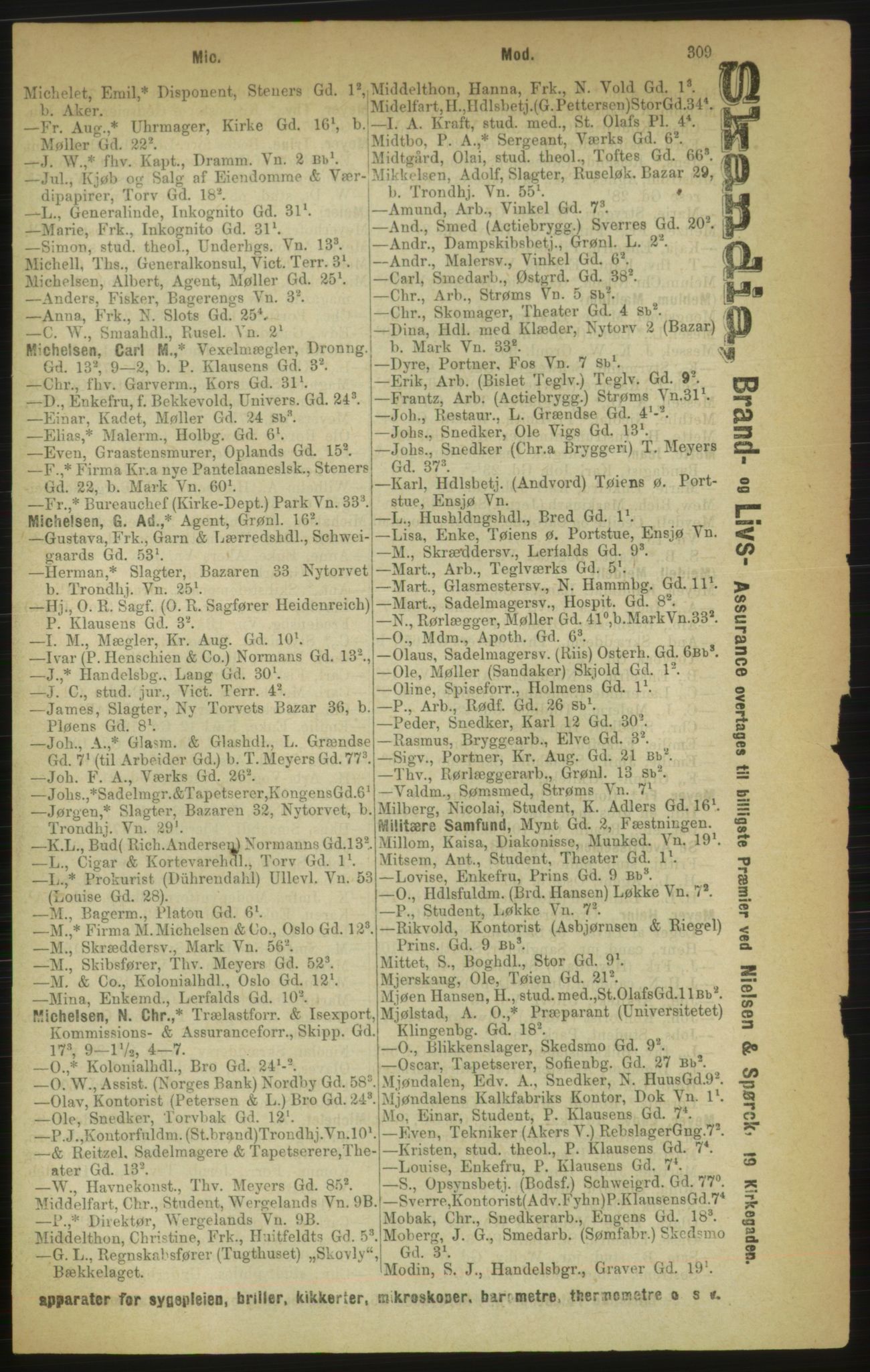 Kristiania/Oslo adressebok, PUBL/-, 1888, p. 309