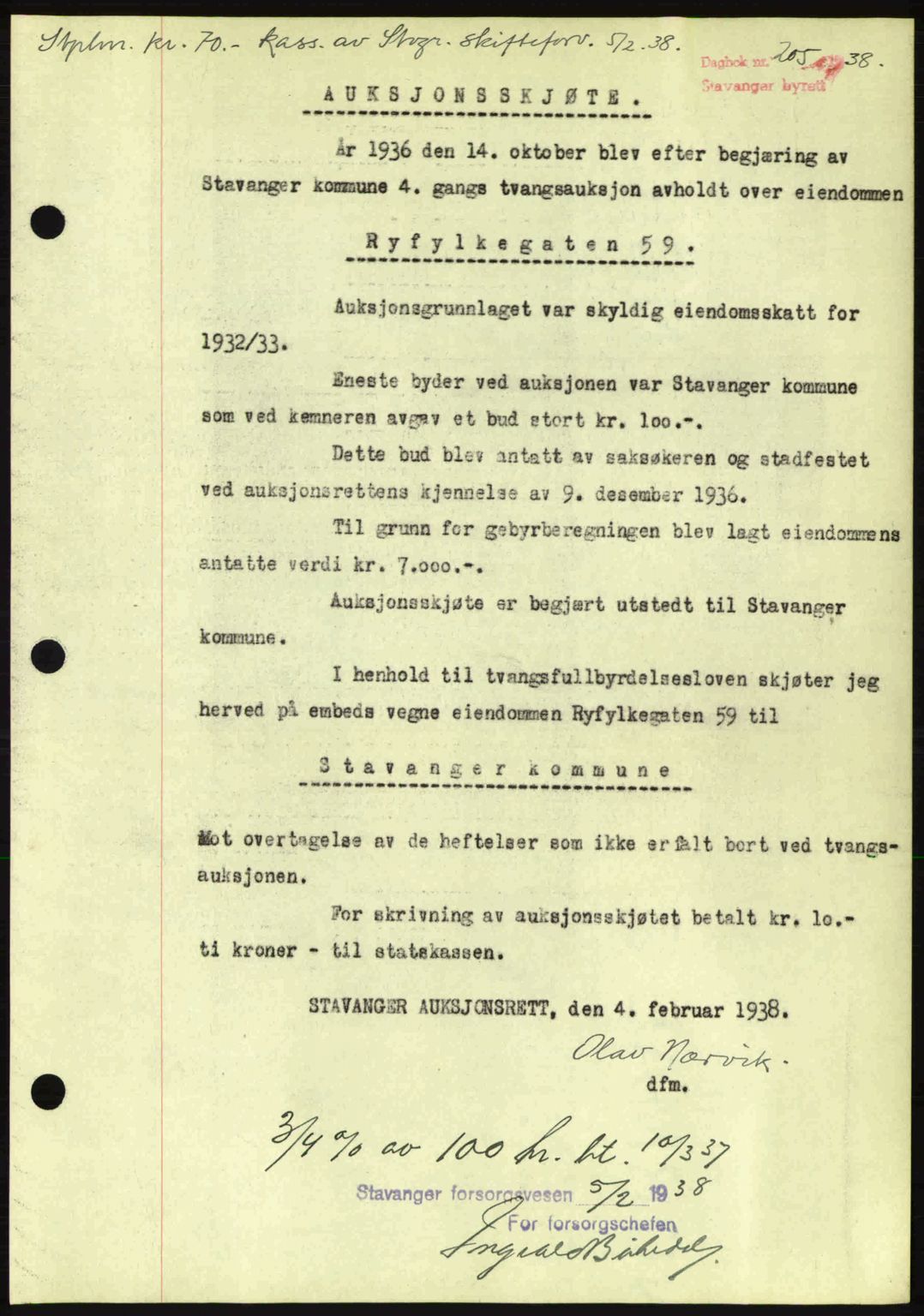 Stavanger byrett, SAST/A-100455/002/G/Gb/L0013: Mortgage book no. A3, 1937-1938, Diary no: : 205/1938