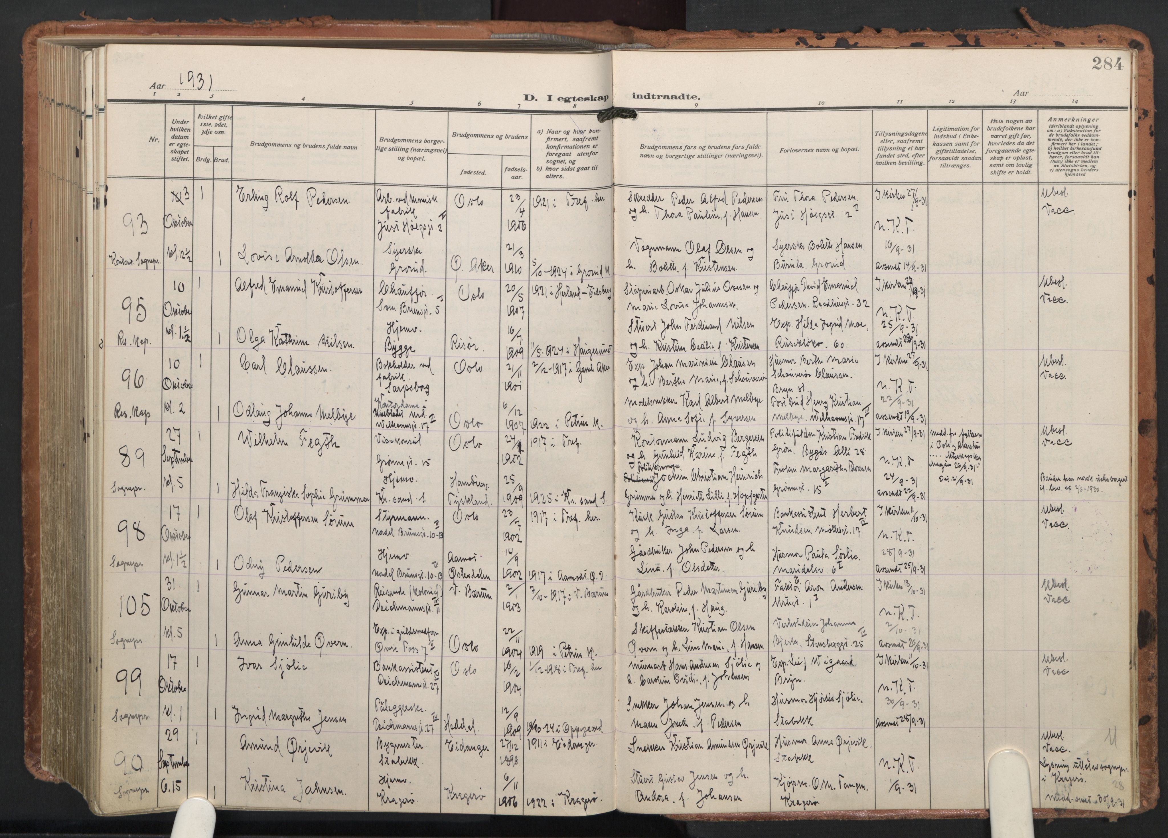 Trefoldighet prestekontor Kirkebøker, AV/SAO-A-10882/F/Fc/L0008: Parish register (official) no. III 8, 1920-1932, p. 284