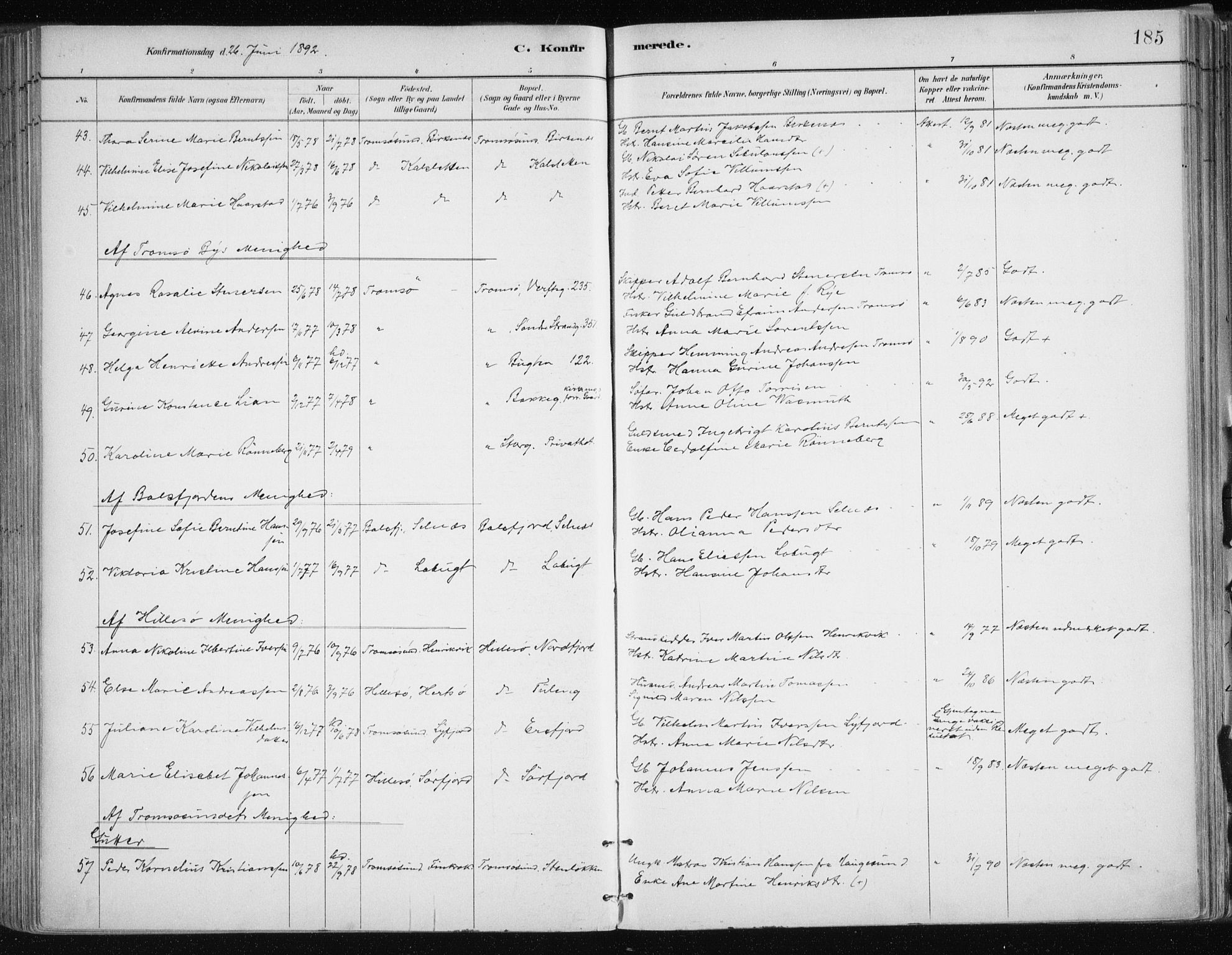 Tromsøysund sokneprestkontor, SATØ/S-1304/G/Ga/L0005kirke: Parish register (official) no. 5, 1888-1896, p. 185