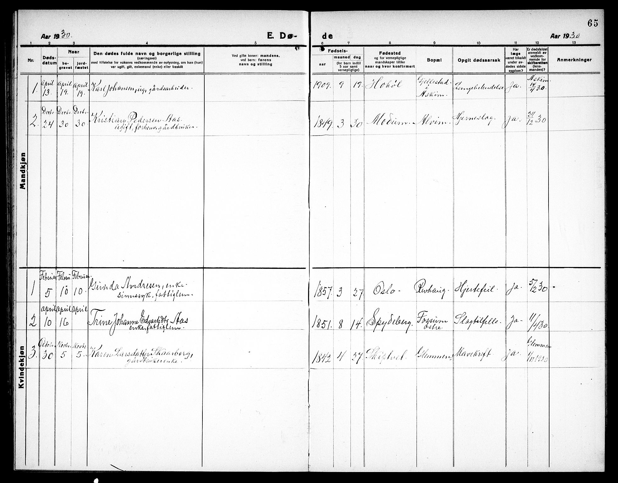 Spydeberg prestekontor Kirkebøker, SAO/A-10924/G/Gc/L0002: Parish register (copy) no. III 2, 1918-1939, p. 65