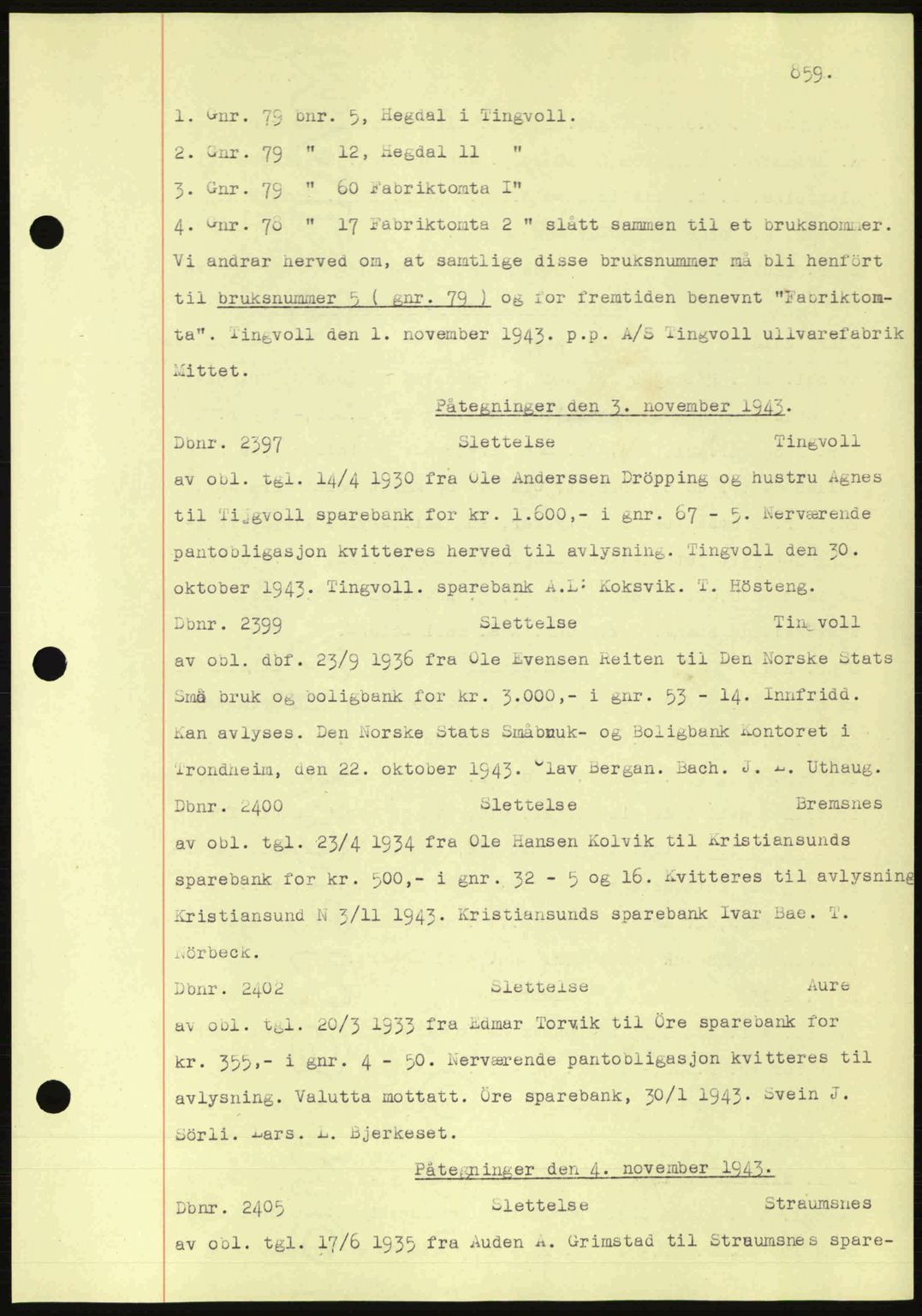 Nordmøre sorenskriveri, AV/SAT-A-4132/1/2/2Ca: Mortgage book no. C81, 1940-1945, Diary no: : 2397/1943