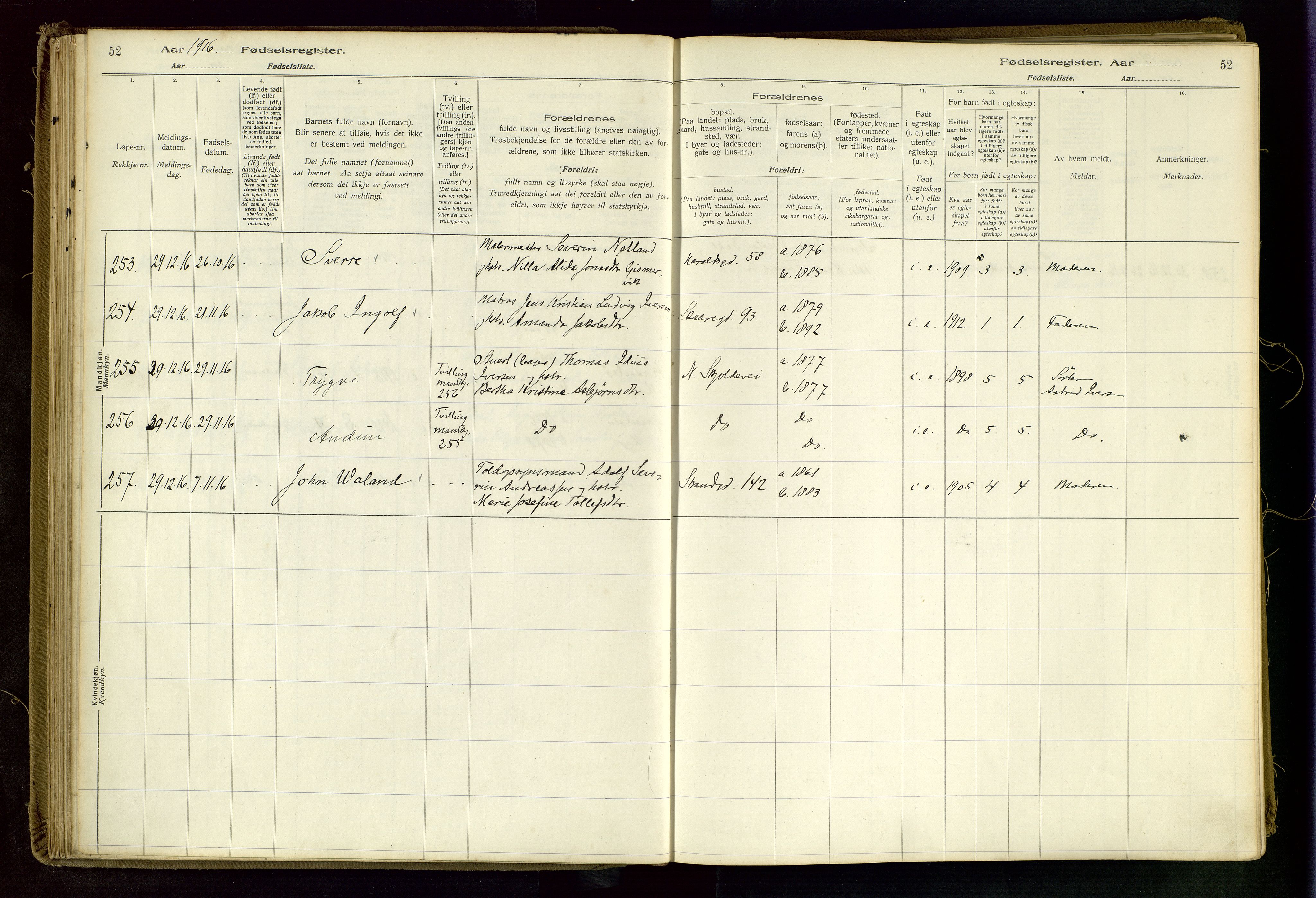 Haugesund sokneprestkontor, AV/SAST-A -101863/I/Id/L0003: Birth register no. 1, 1916-1919, p. 52