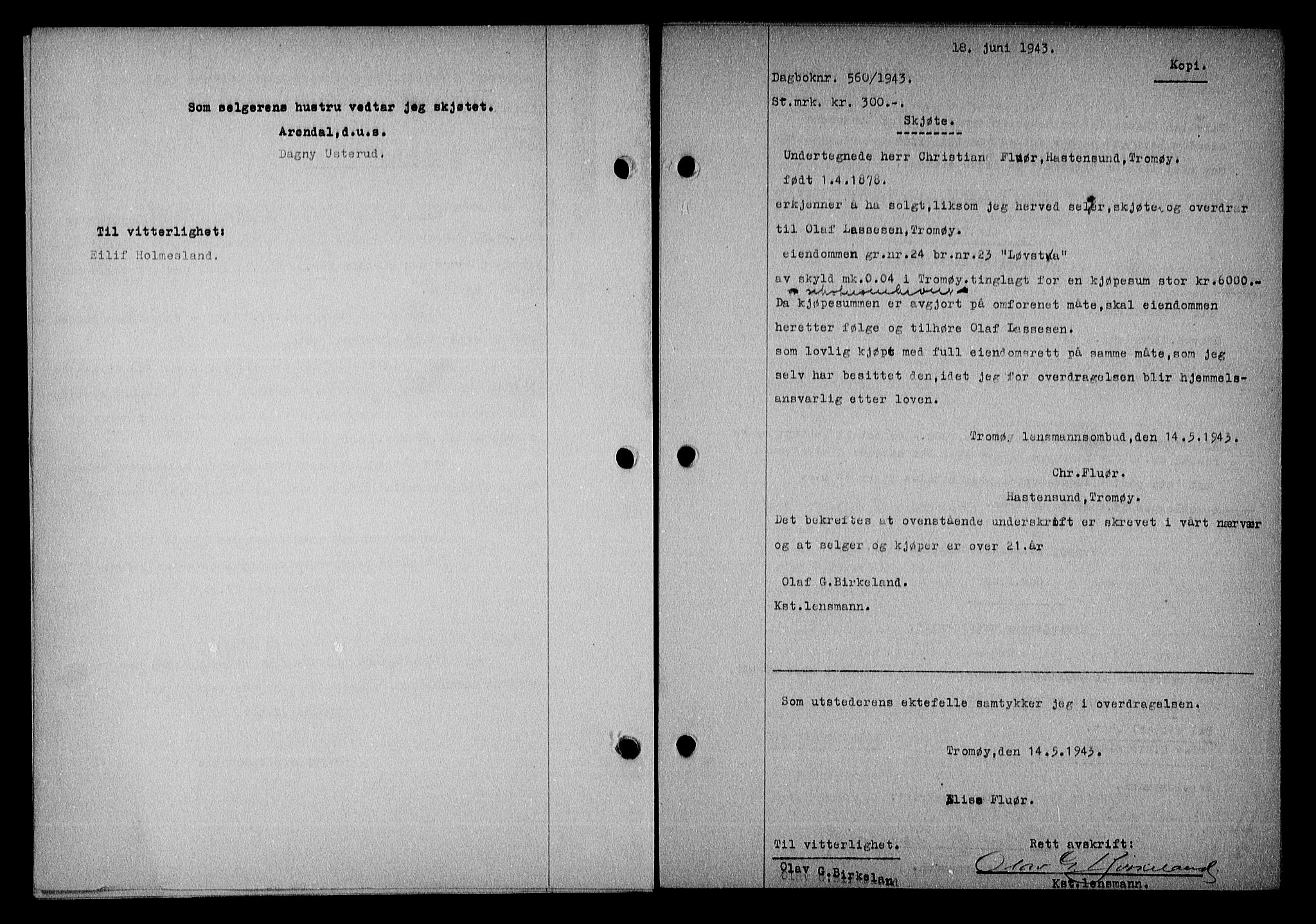 Nedenes sorenskriveri, SAK/1221-0006/G/Gb/Gba/L0050: Mortgage book no. A-IV, 1942-1943, Diary no: : 560/1943