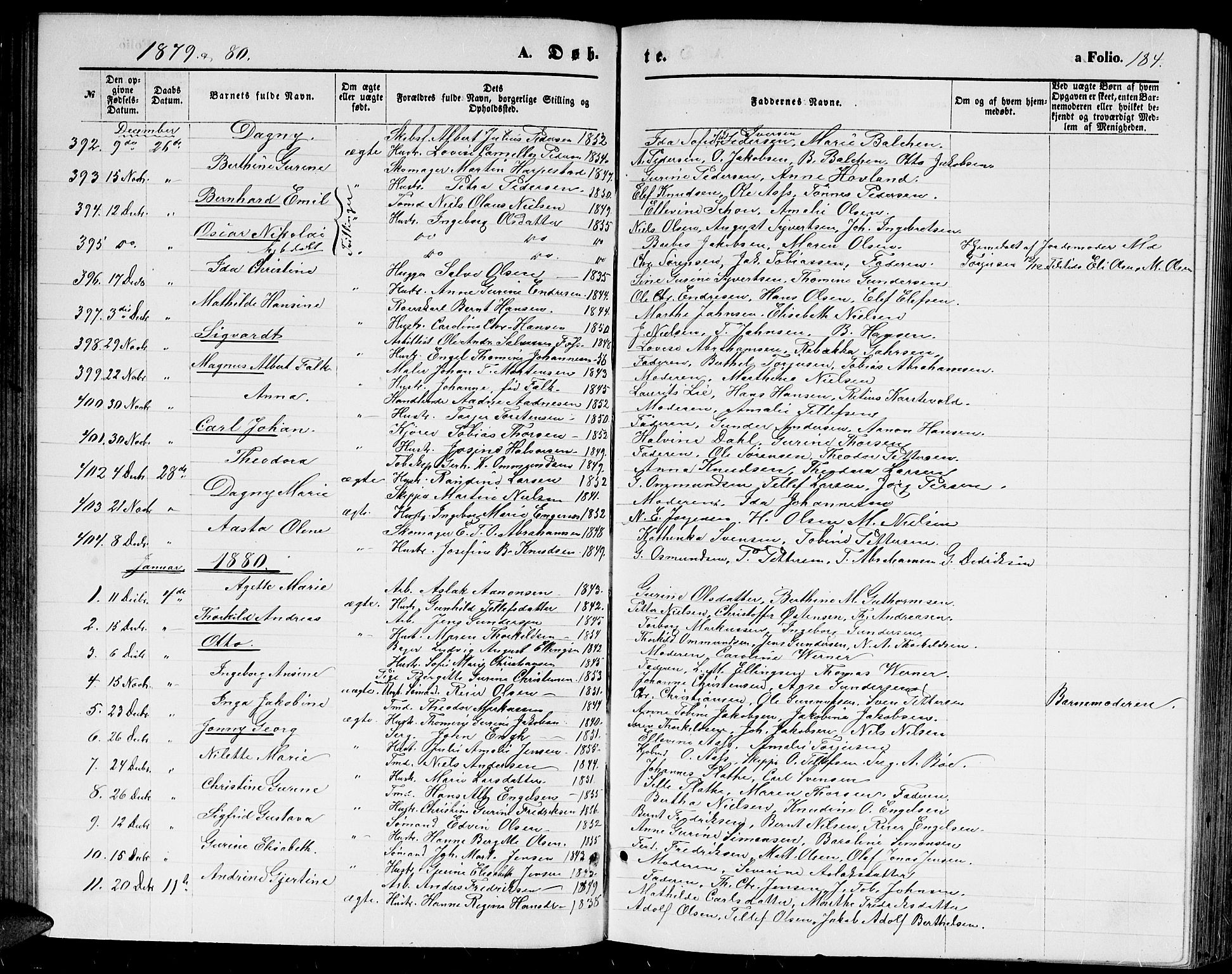 Kristiansand domprosti, SAK/1112-0006/F/Fb/L0013: Parish register (copy) no. B 13, 1871-1880, p. 184
