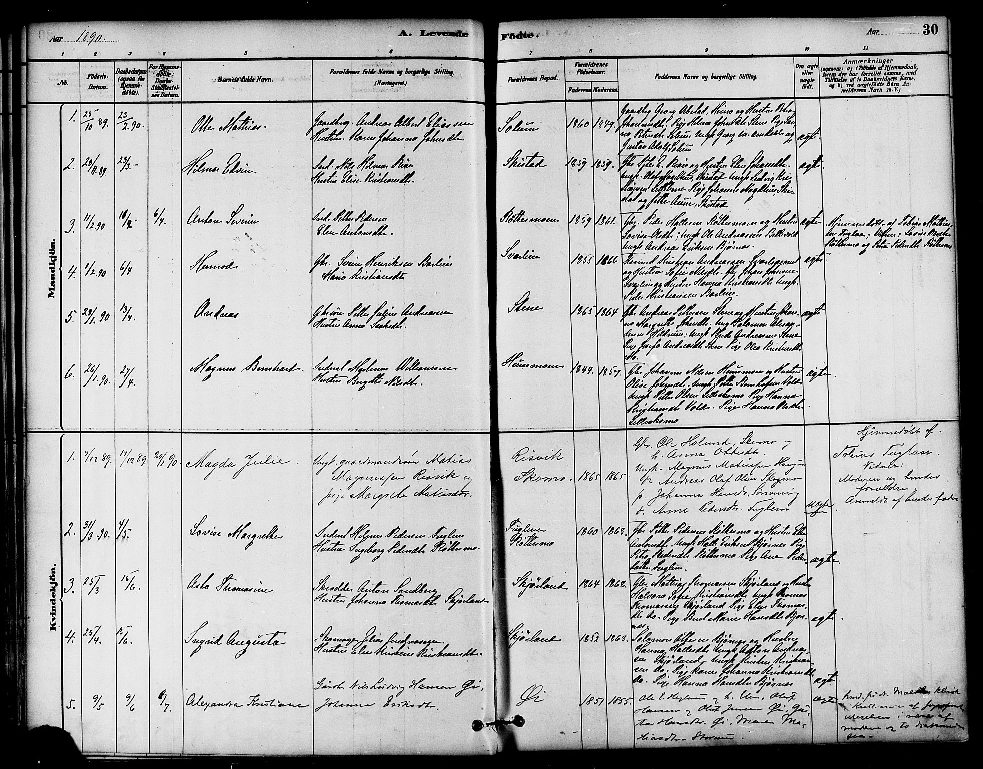 Ministerialprotokoller, klokkerbøker og fødselsregistre - Nord-Trøndelag, SAT/A-1458/764/L0555: Parish register (official) no. 764A10, 1881-1896, p. 30