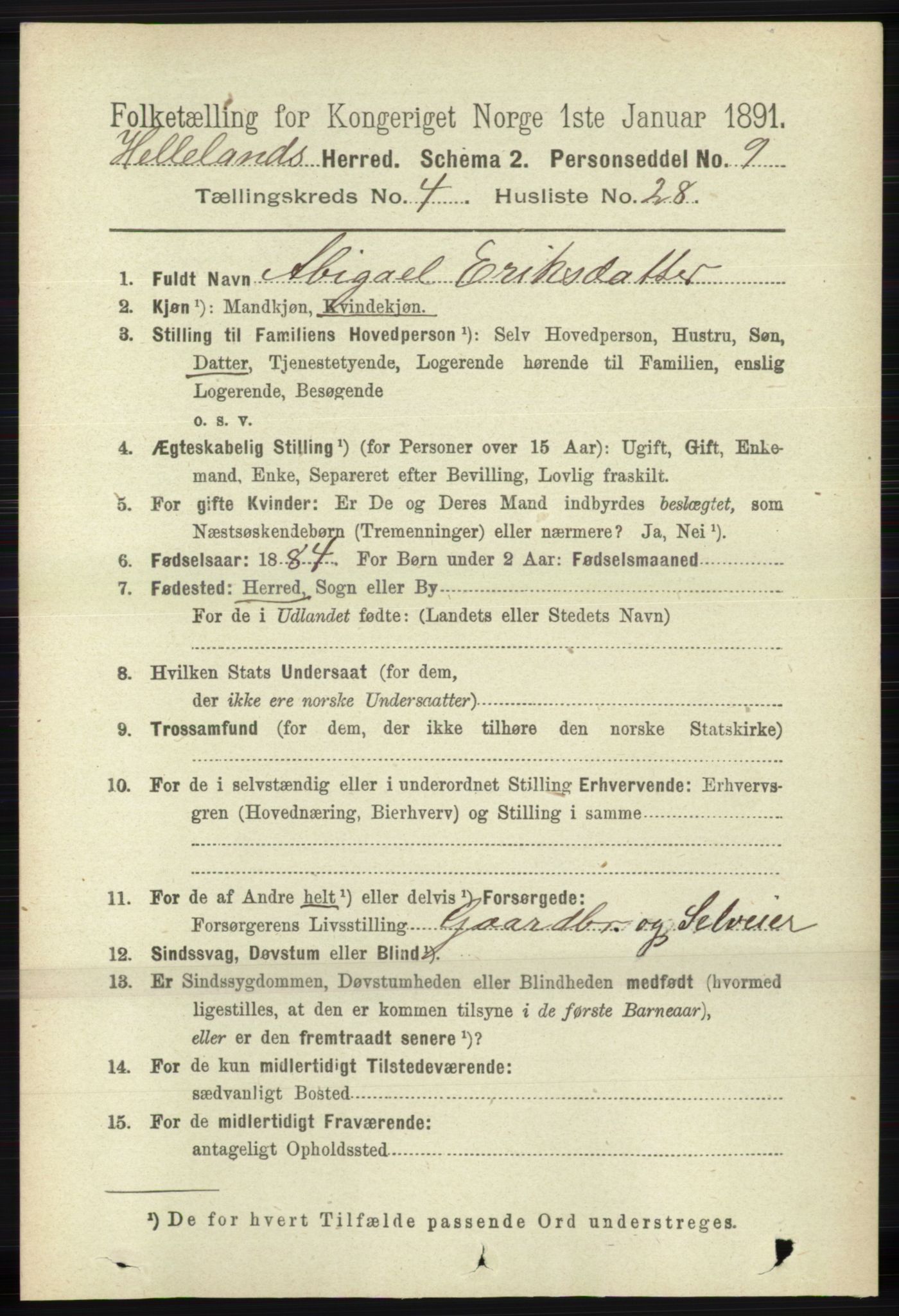 RA, 1891 census for 1115 Helleland, 1891, p. 1334