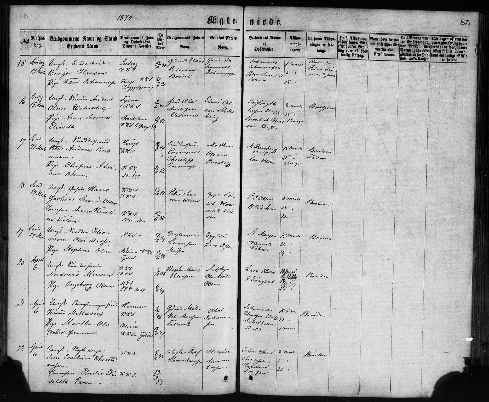 Korskirken sokneprestembete, AV/SAB-A-76101/H/Haa/L0036: Parish register (official) no. D 3, 1867-1882, p. 85