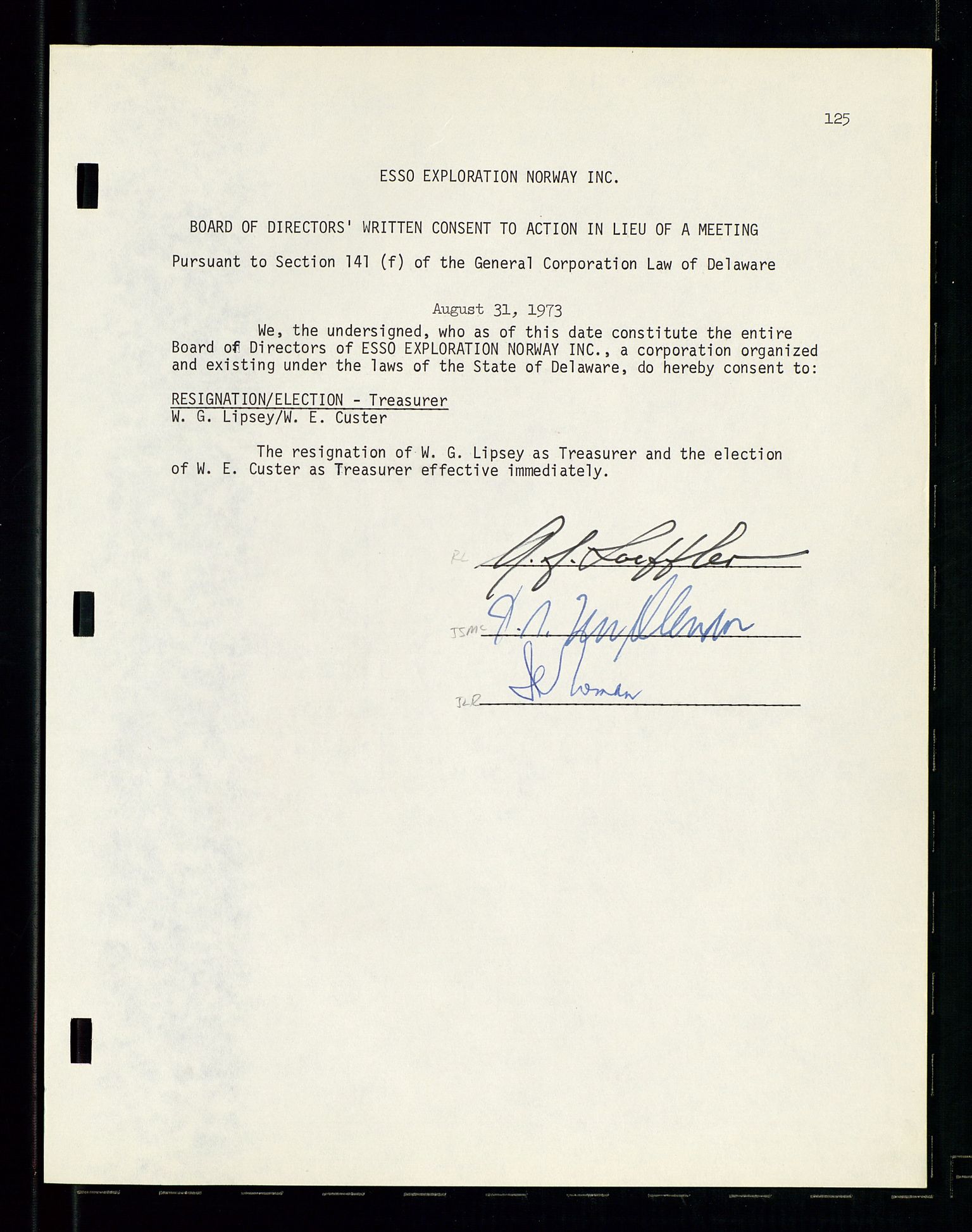 Pa 1512 - Esso Exploration and Production Norway Inc., SAST/A-101917/A/Aa/L0001/0001: Styredokumenter / Corporate records, By-Laws, Board meeting minutes, Incorporations, 1965-1975, p. 125