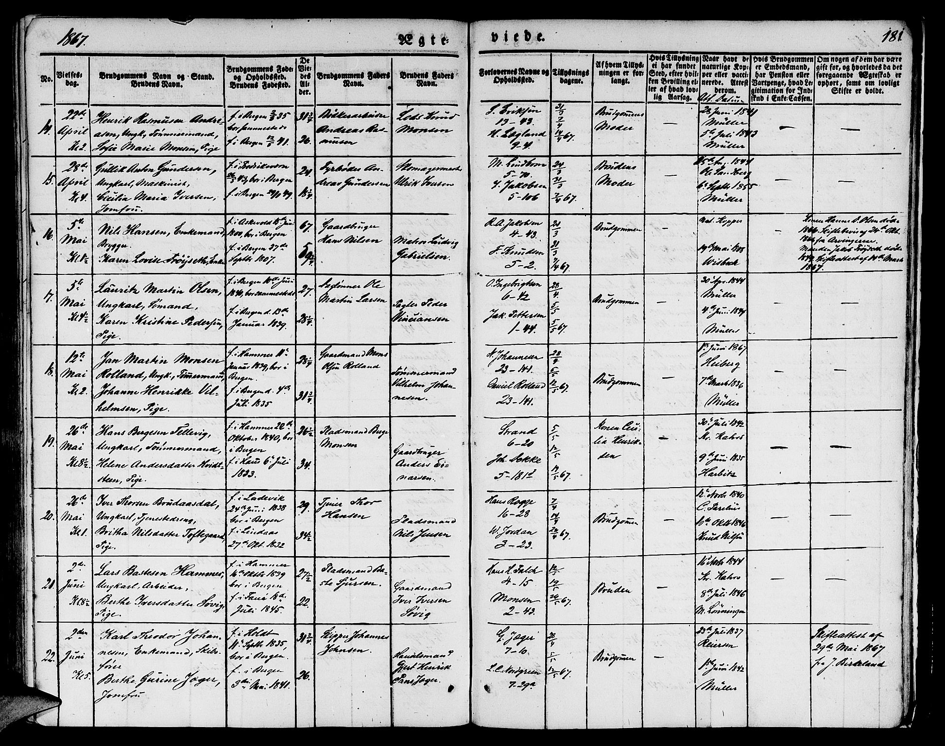 Nykirken Sokneprestembete, AV/SAB-A-77101/H/Hab: Parish register (copy) no. D 1, 1832-1867, p. 181