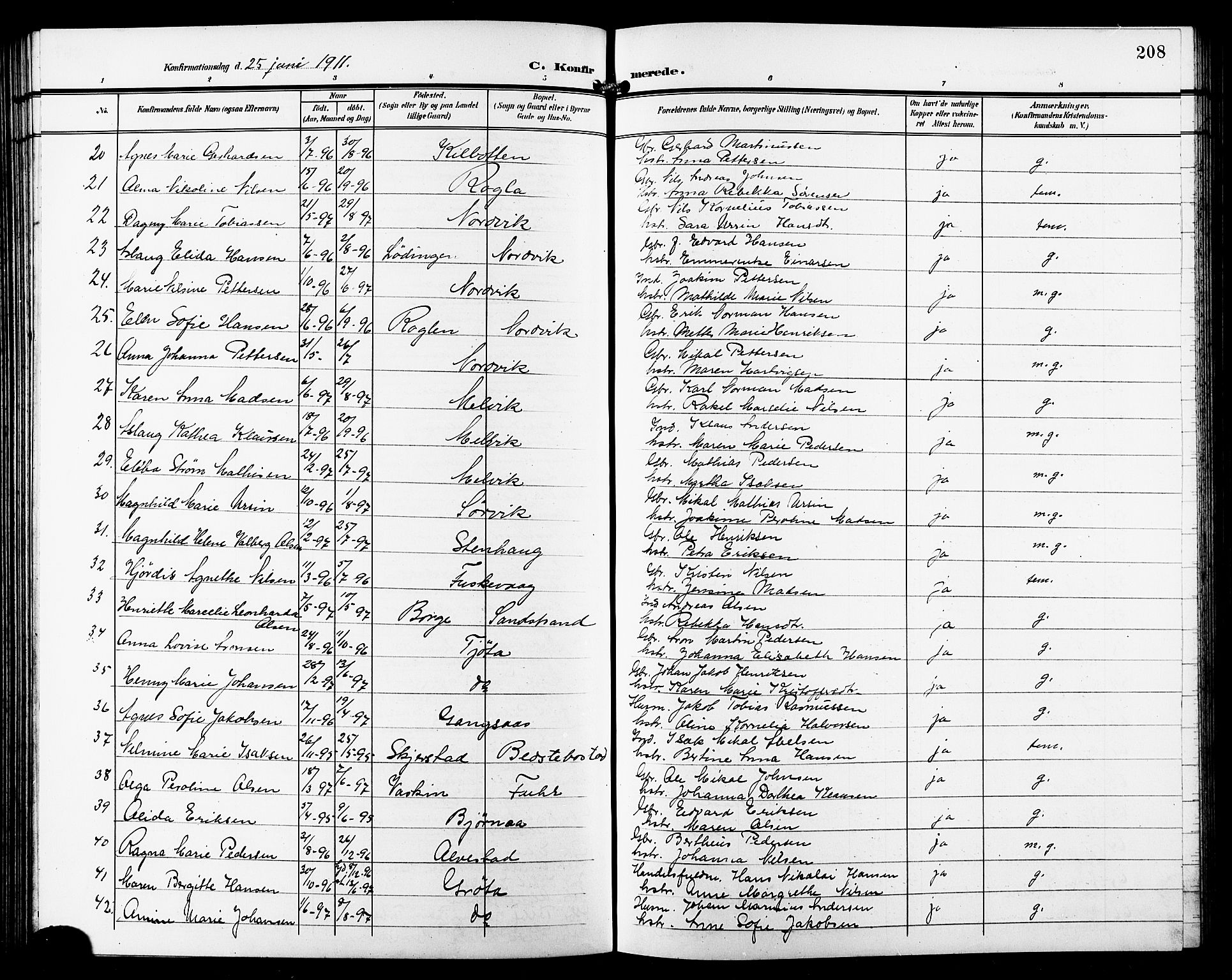 Trondenes sokneprestkontor, AV/SATØ-S-1319/H/Hb/L0012klokker: Parish register (copy) no. 12, 1907-1916, p. 208