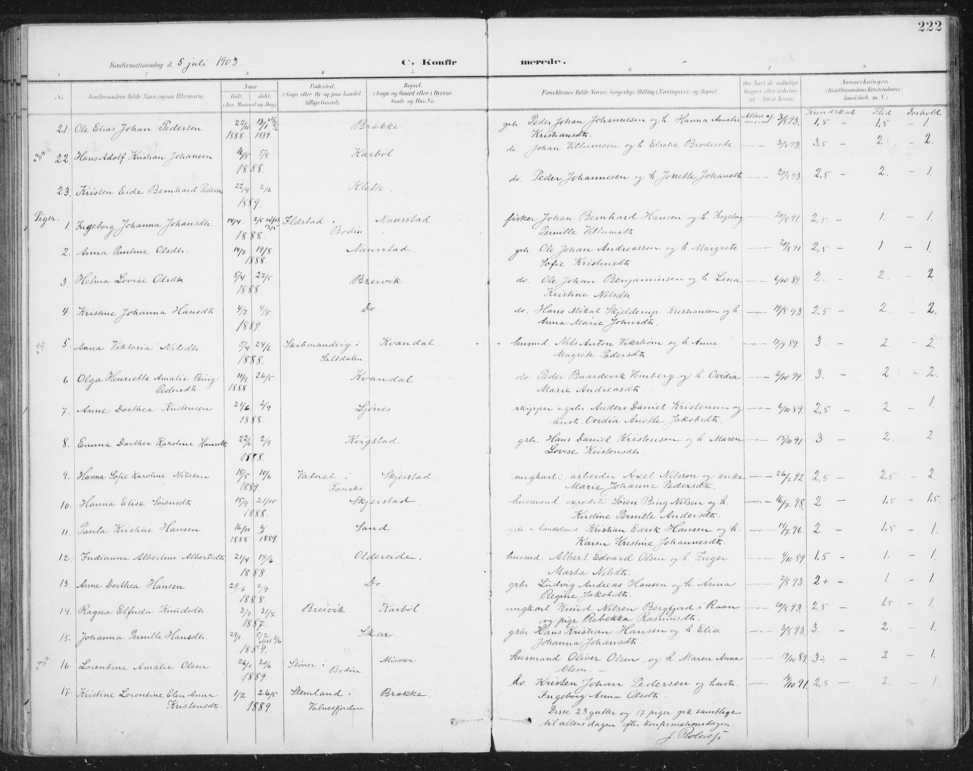 Ministerialprotokoller, klokkerbøker og fødselsregistre - Nordland, AV/SAT-A-1459/852/L0741: Parish register (official) no. 852A11, 1894-1917, p. 222